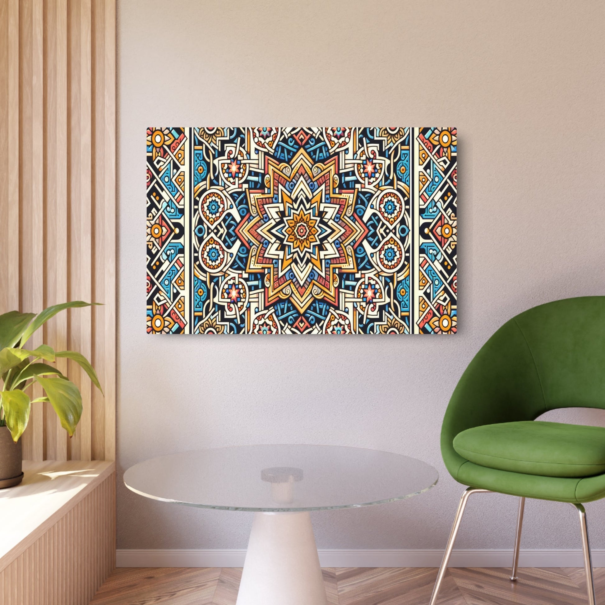 Metal Poster Art | "Islamic Geometric Patterns Art: Intricate and Symmetrical Star - Based Designs with Interlacing Circles - Vibrant, Aesthetically - Metal Poster Art 36″ x 24″ (Horizontal) 0.12''