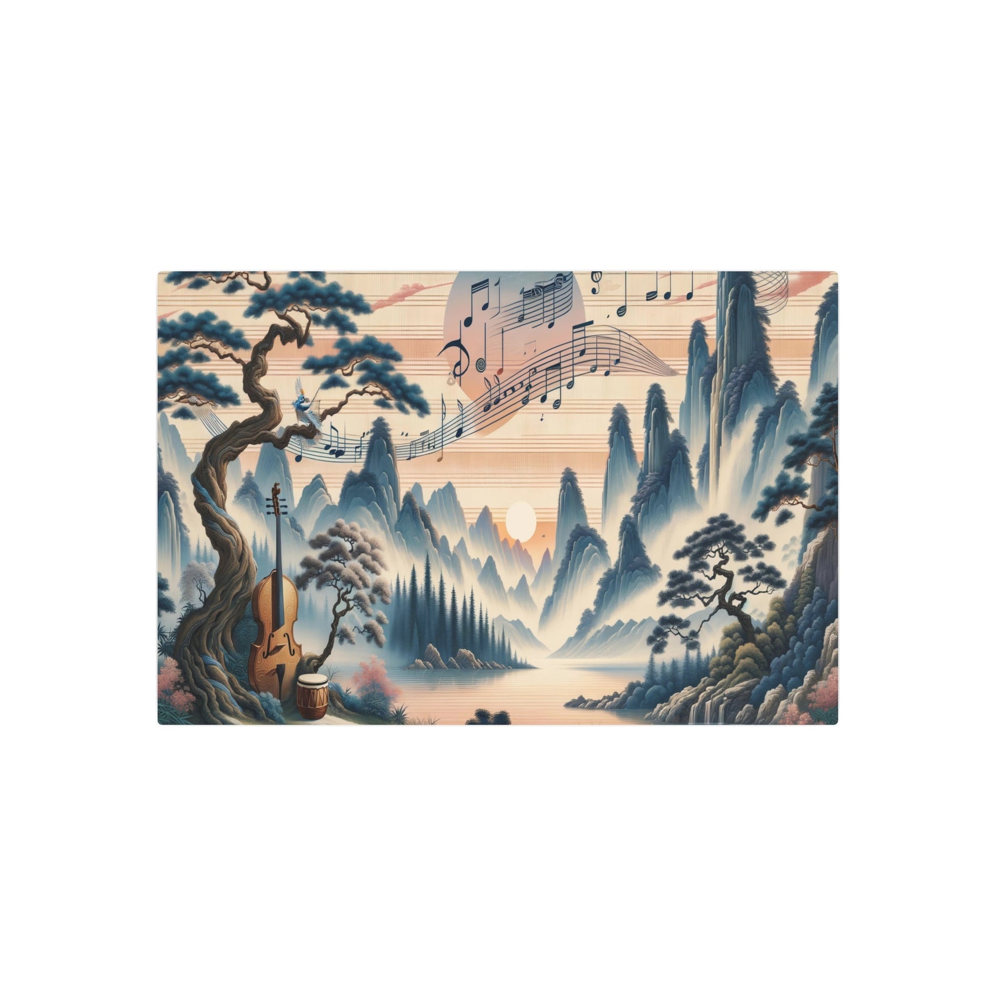 Metal Poster Art | "Symphony of Tranquility: Traditional Chinese Landscape Painting Inspired by Music and Art in Soothing Colors - Asian Art Styles, Chinese Landscape Sub - Metal Poster Art 36″ x 24″ (Horizontal) 0.12''