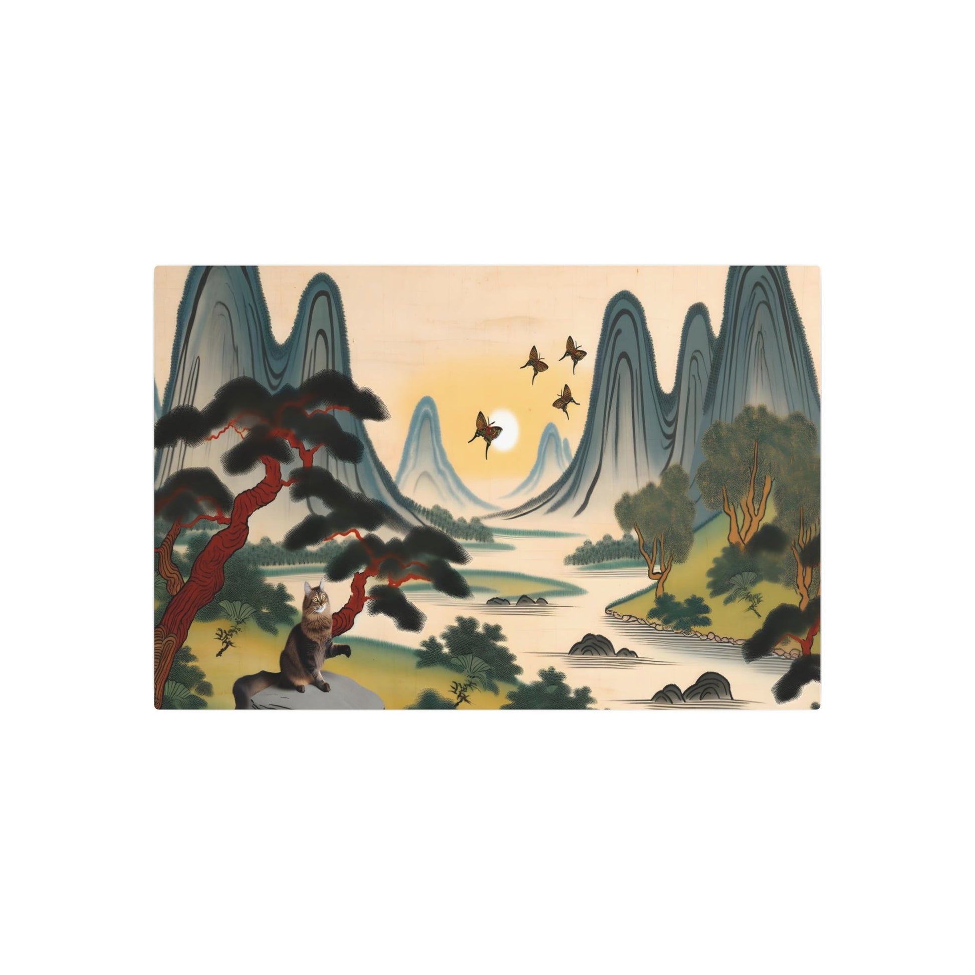 Metal Poster Art | "Playful Cat in Traditional Chinese Landscape Painting - Asian Art Styles, Chinese Landscape Art with Mountains, Rivers & Sunset" - Metal Poster Art 36″ x 24″ (Horizontal) 0.12''