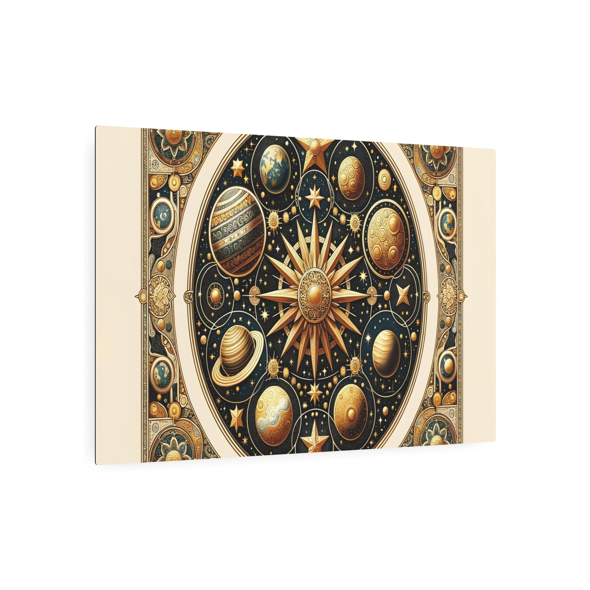 Metal Poster Art | "Byzantine - Style Celestial Body Art Piece with Gold Stars and Intricate Planetary Details - Non - Western & Global Art Styles" - Metal Poster Art 36″ x 24″ (Horizontal) 0.12''