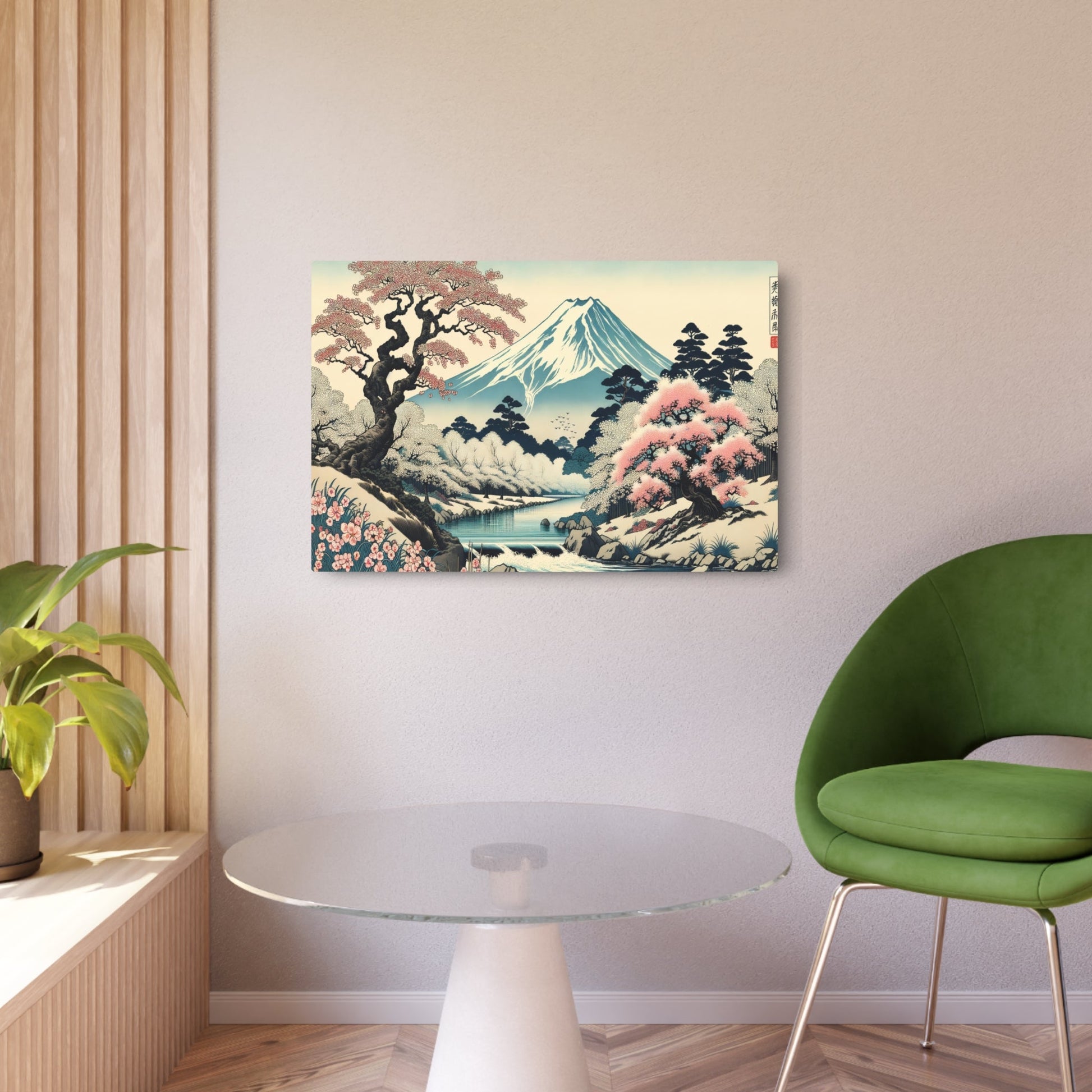 Metal Poster Art | "Traditional Ukiyo - e Japanese Art Print - Tranquil Cherry Blossom River Scene with Snow - capped Mount Fuji - Asian Art Styles Collection" - Metal Poster Art 36″ x 24″ (Horizontal) 0.12''