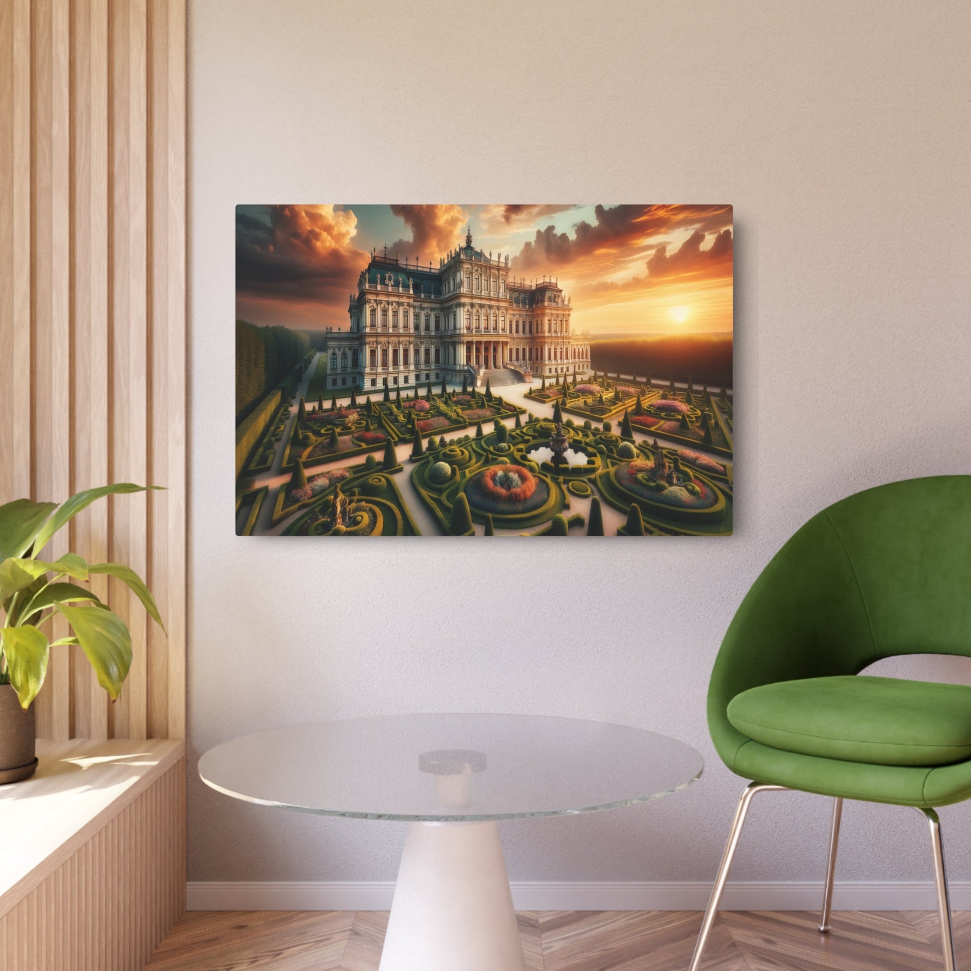 Metal Poster Art | "Baroque - Style Palace at Sunset - Western Art Styles, Grand Architectural Details and Lush Ornamental Gardens in Baroque Art" - Metal Poster Art 36″ x 24″ (Horizontal) 0.12''