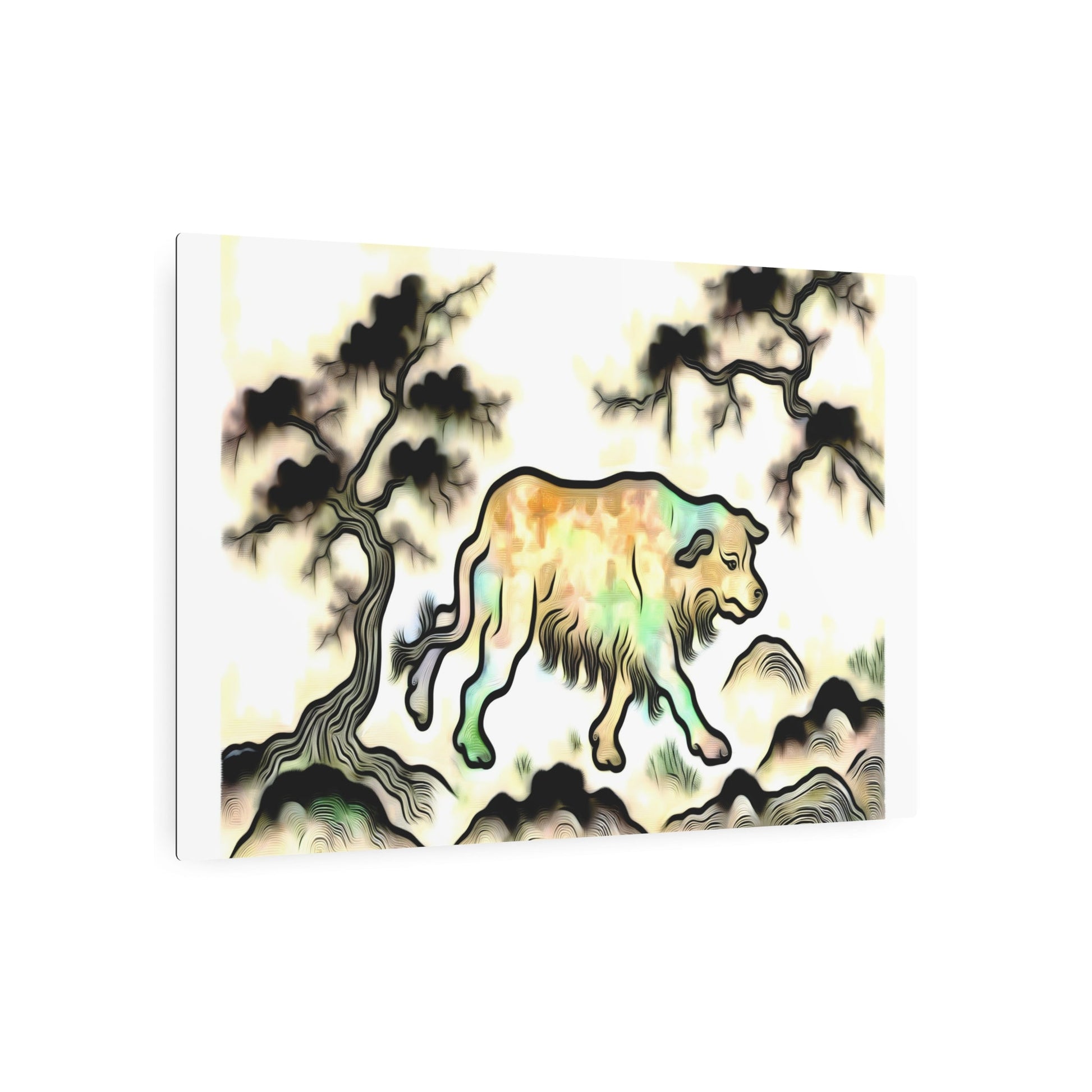 Metal Poster Art | "Traditional Chinese Silk Painting Artwork - Serene Dog Scene in Asian Art Styles" - Metal Poster Art 36″ x 24″ (Horizontal) 0.12''