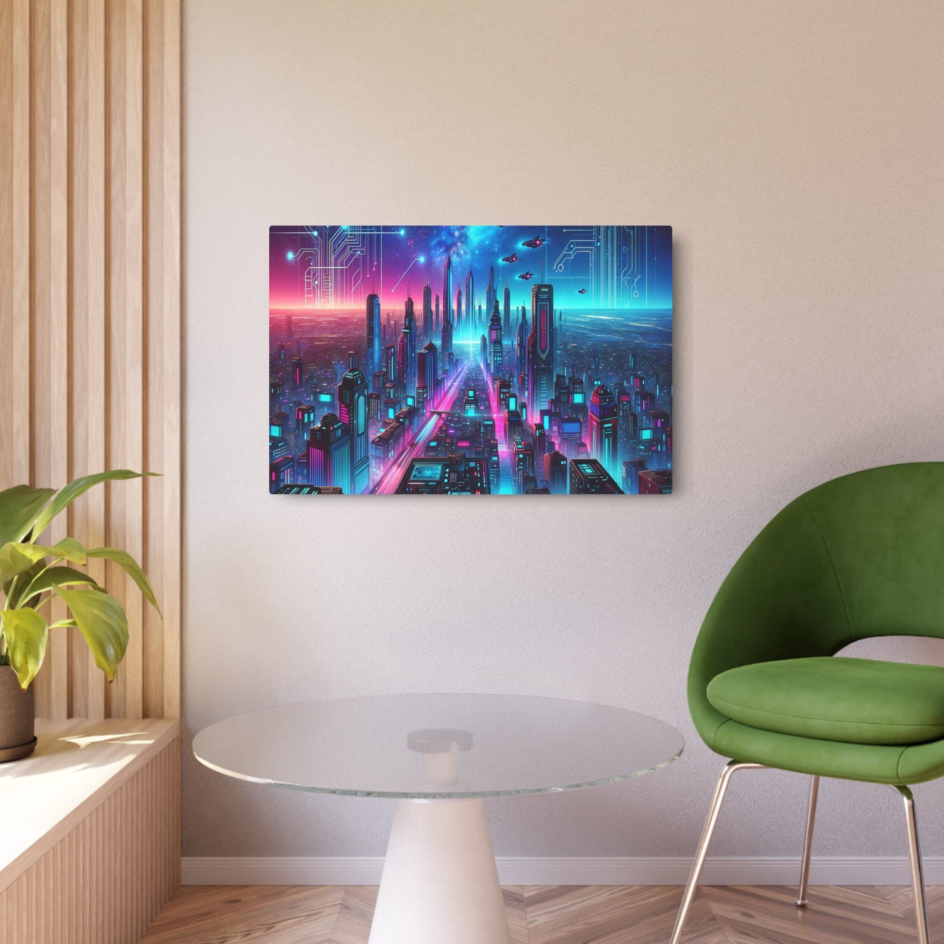 Metal Poster Art | "Futuristic Cityscape Under Neon Sky - Modern Contemporary Digital Art by Dalle - 3" - Metal Poster Art 36″ x 24″ (Horizontal) 0.12''