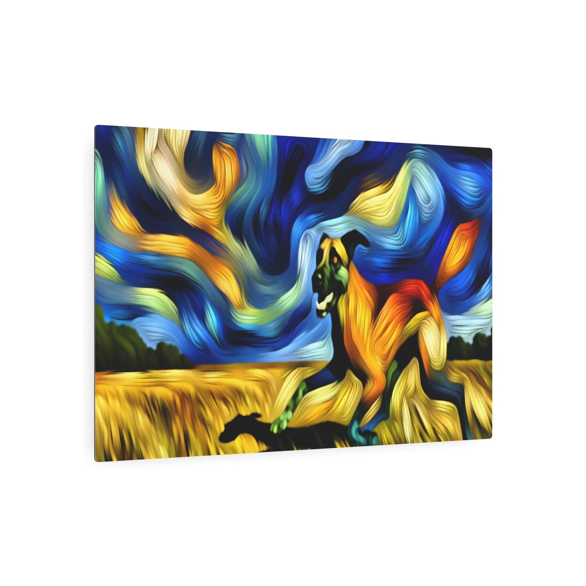 Metal Poster Art | "Expressionistic Western Art Style: Intense Colored Large Expressive Dog Running Through Field Under Swirling Blue and Yellow Skies" - Metal Poster Art 36″ x 24″ (Horizontal) 0.12''