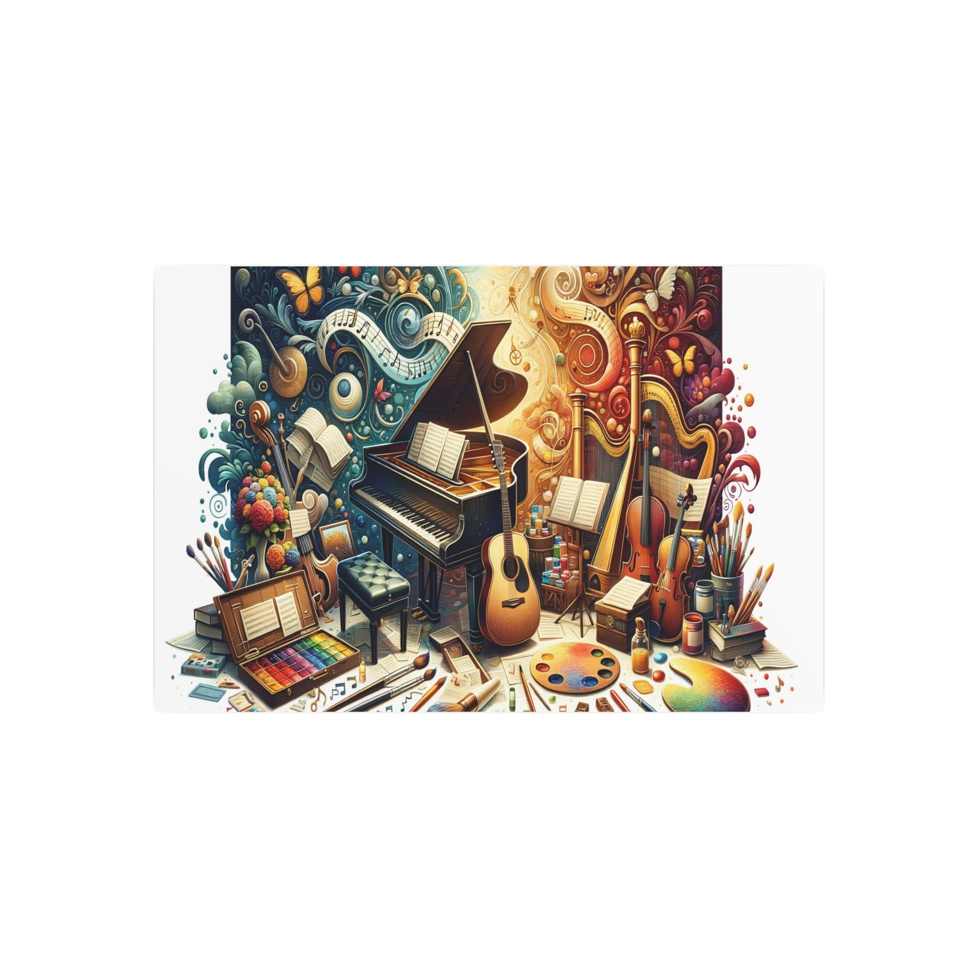 Metal Poster Art | "Passionate Symphony: Realistic Western Art Depicting Vibrant Music and Art Scene with Piano, Guitar, Violin and Paint Tools" - Metal Poster Art 36″ x 24″ (Horizontal) 0.12''