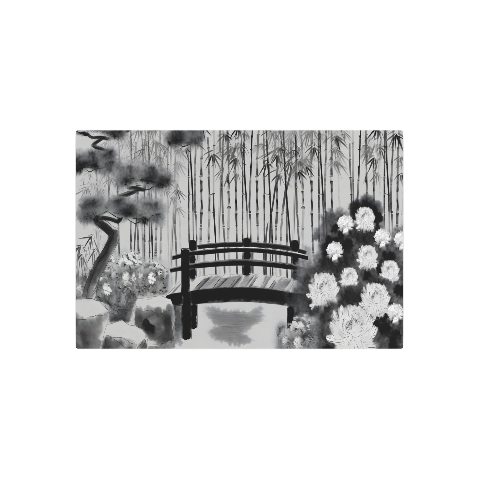 Metal Poster Art | "Sumi-e Japanese Ink Wash Painting - Authentic Asian Art Style Featuring Garden Flowers" - Metal Poster Art 36″ x 24″ (Horizontal) 0.12''