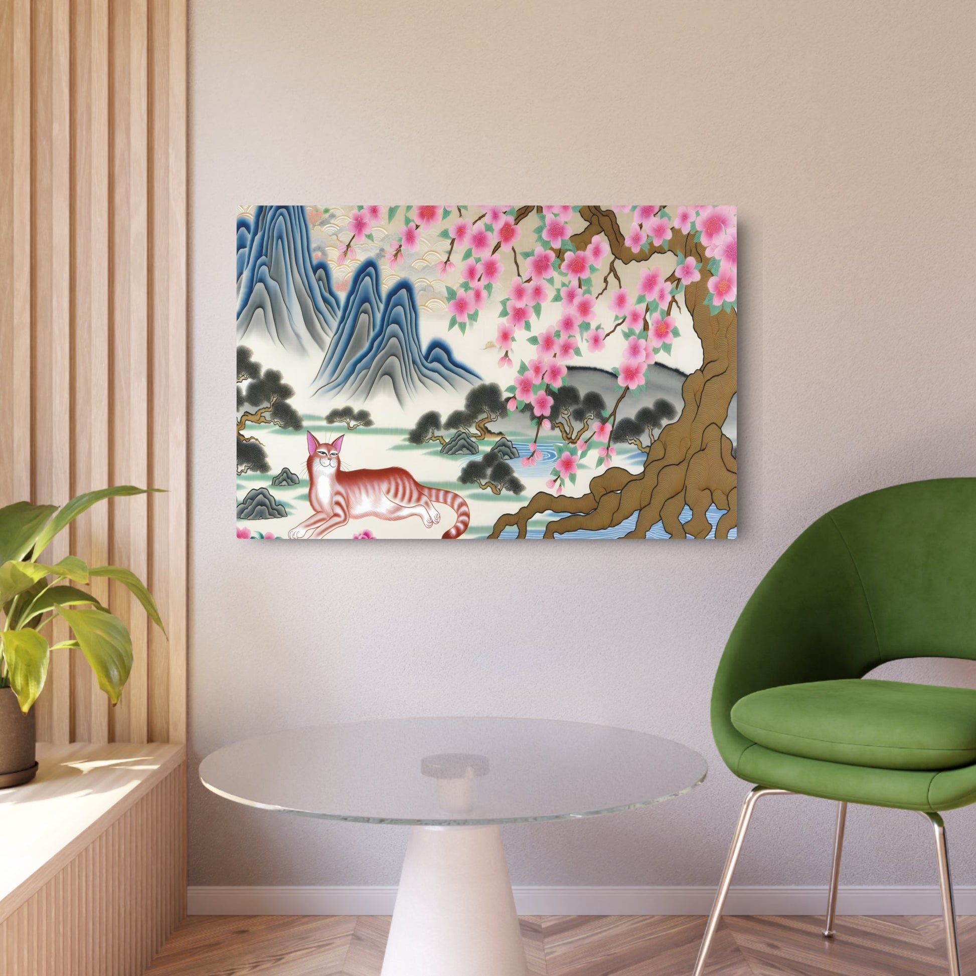 Metal Poster Art | "Traditional Chinese Silk Painting: Serene Landscape with Elegant Feline under Cherry Blossom Tree - Authentic Asian Art in Soft and Fluid Style" - Metal Poster Art 36″ x 24″ (Horizontal) 0.12''