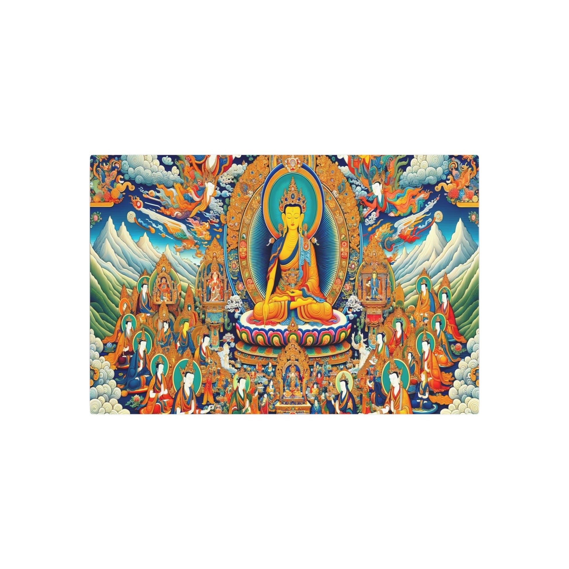 Metal Poster Art | "Authentic Tibetan Thangka Painting: Vibrant Asian Art Style Illustrating Intricate Details and Spiritual Themes of Buddhist Deities and Scenes from Buddha - Metal Poster Art 36″ x 24″ (Horizontal) 0.12''