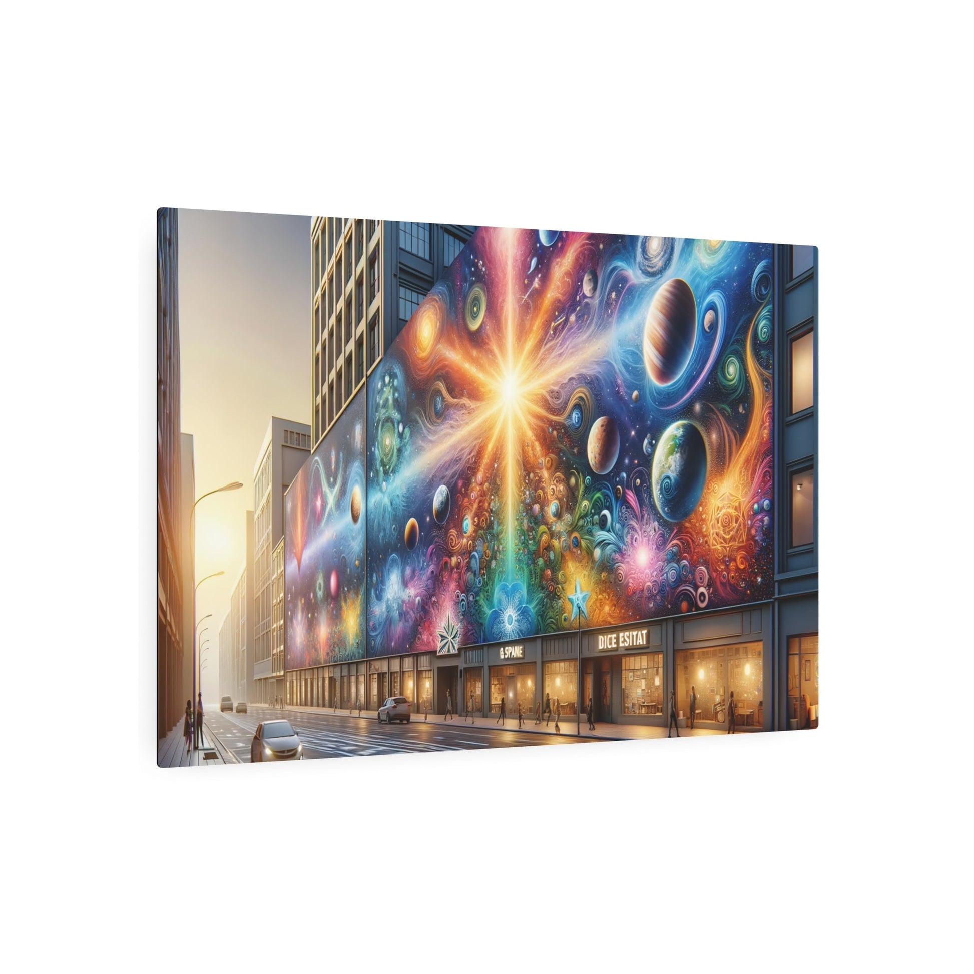 Metal Poster Art | "Modern & Contemporary Cosmic Playground: Diverse Celestial - Themed Street Art in Vibrant City Street - Galaxies, Planets and Stars Murals - Metal Poster Art 36″ x 24″ (Horizontal) 0.12''