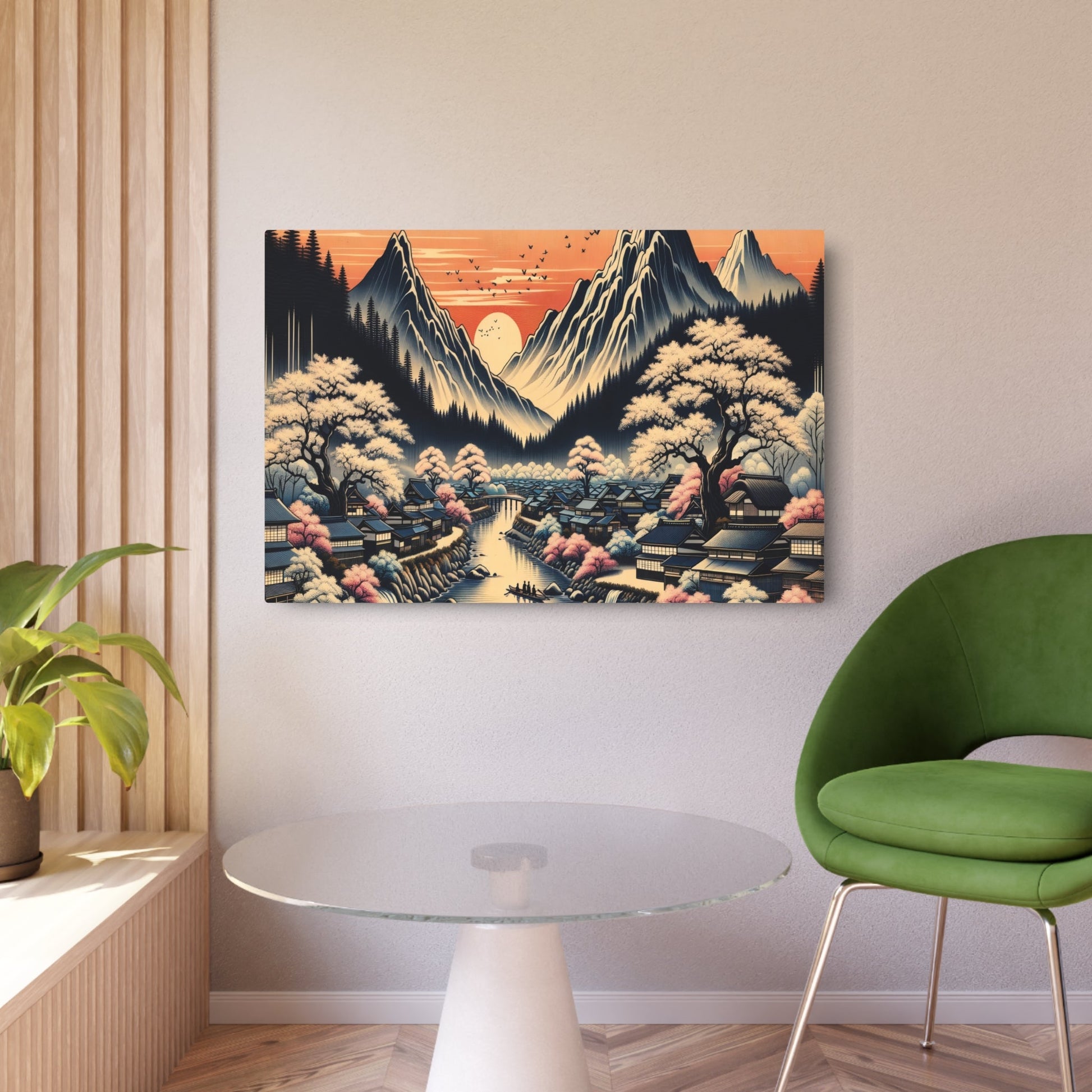 Metal Poster Art | "Kano School Inspired Artwork: Traditional Japanese Village Surrounded by Cherry Blossoms, River & Mountains at Sunset - Asian Art Styles Collection" - Metal Poster Art 36″ x 24″ (Horizontal) 0.12''