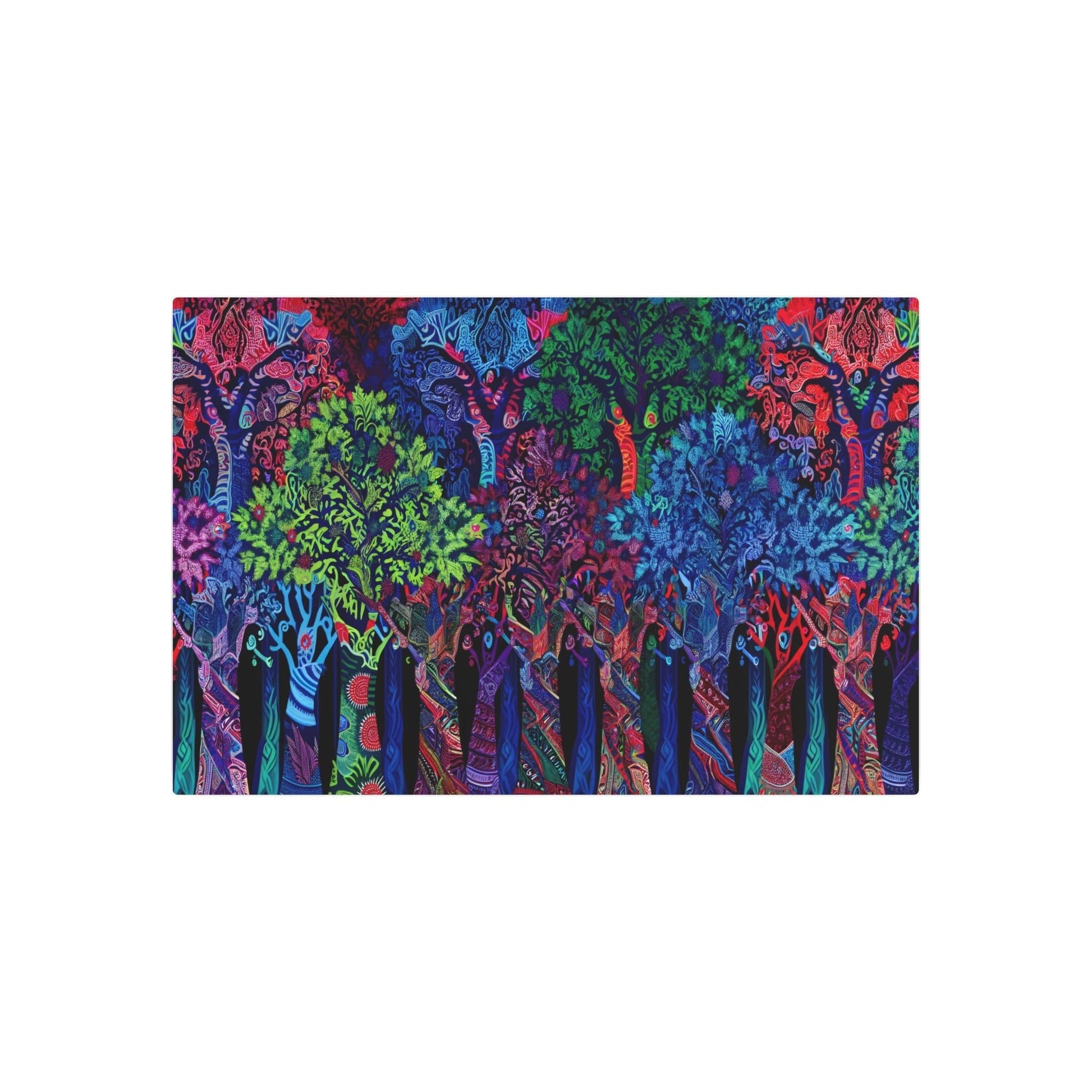Metal Poster Art | "Indonesian Batik Art: Vibrant and Intricate Forest Scene with Detailed Patterned Trees - Authentic Non-Western Global Style Artwork" - Metal Poster Art 36″ x 24″ (Horizontal) 0.12''