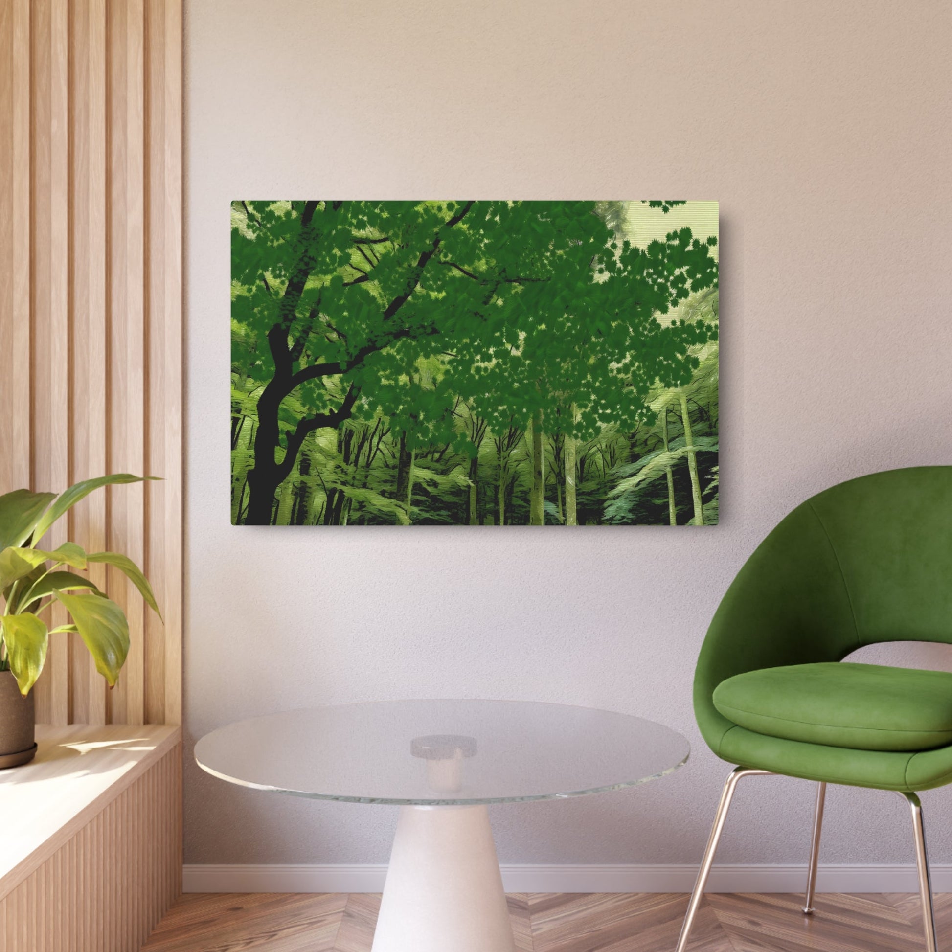 Metal Poster Art | "Chinese Silk Painting-Style Art: Serene Forest with Luscious Trees - DALLE-3 Render in Asian Art Styles Category" - Metal Poster Art 36″ x 24″ (Horizontal) 0.12''