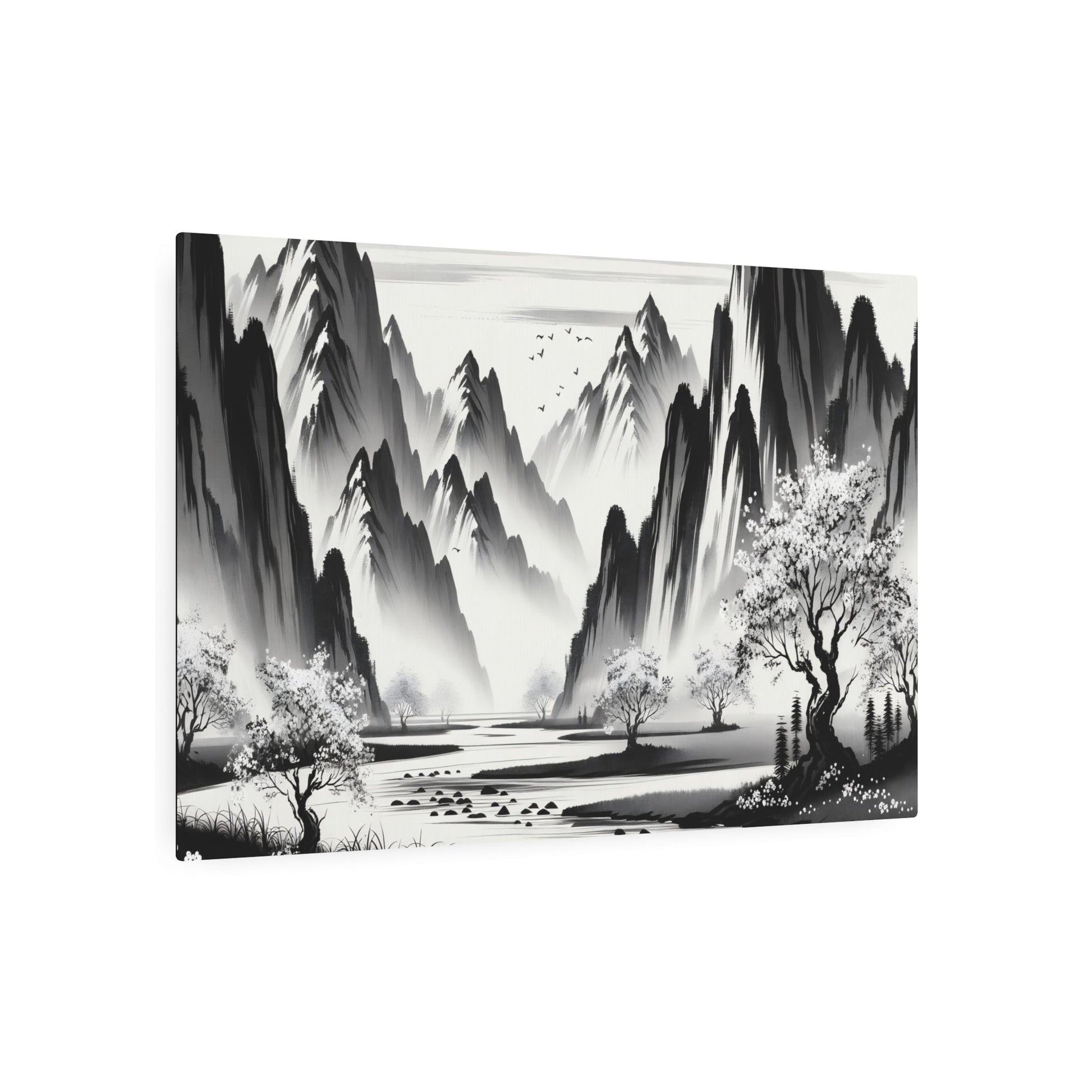 Metal Poster Art | "Sumi - e Japanese Ink Wash Artwork - Serene Landscape with Majestic Mountains, Flowing River & Cherry Blossom Trees | Traditional Asian Art - Metal Poster Art 36″ x 24″ (Horizontal) 0.12''