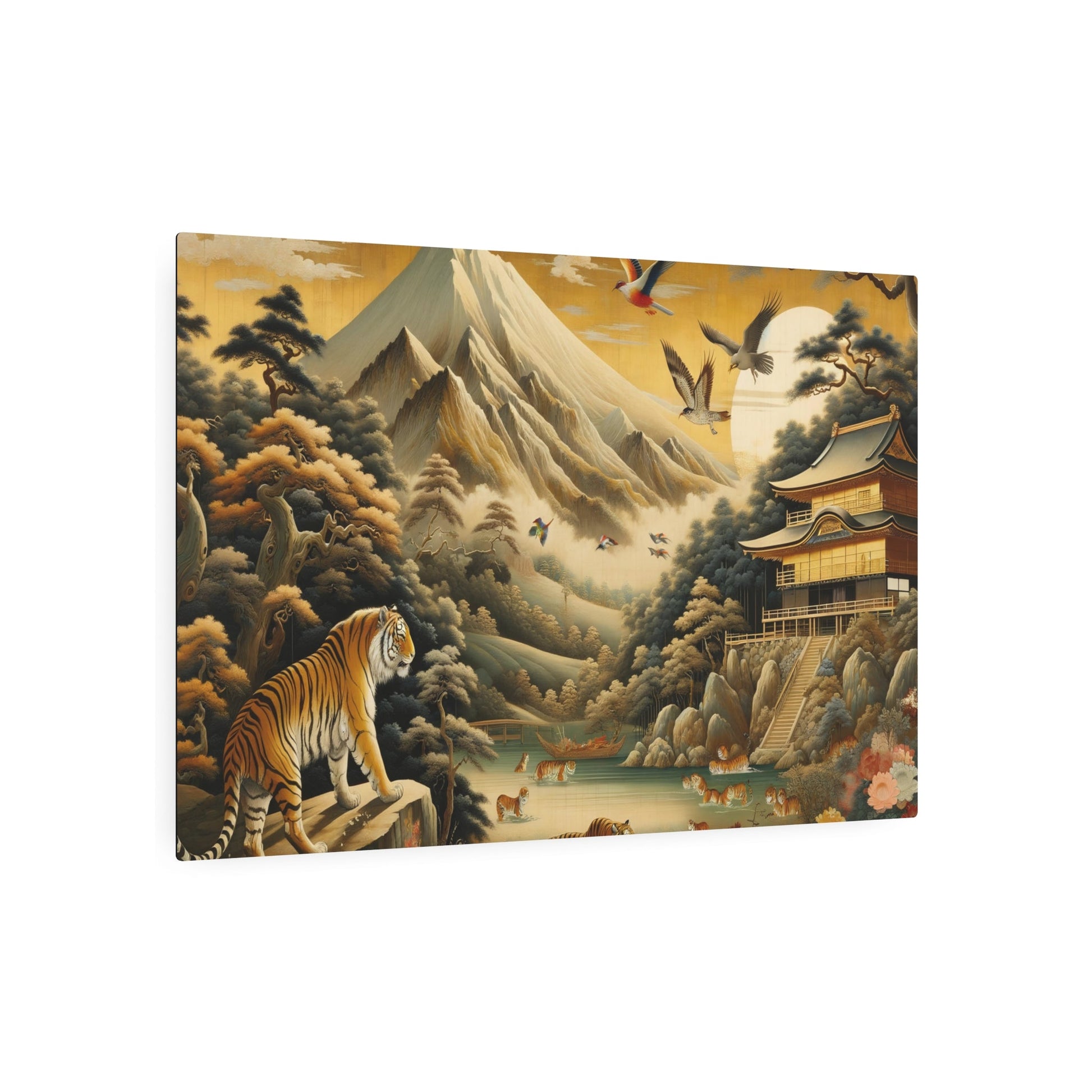 Metal Poster Art | "Kano School - Inspired Large - Scale Artwork with Bold Brush Strokes and Gold Leaf - Dalle - 3 Japanese Style Nature Depictions - Metal Poster Art 36″ x 24″ (Horizontal) 0.12''