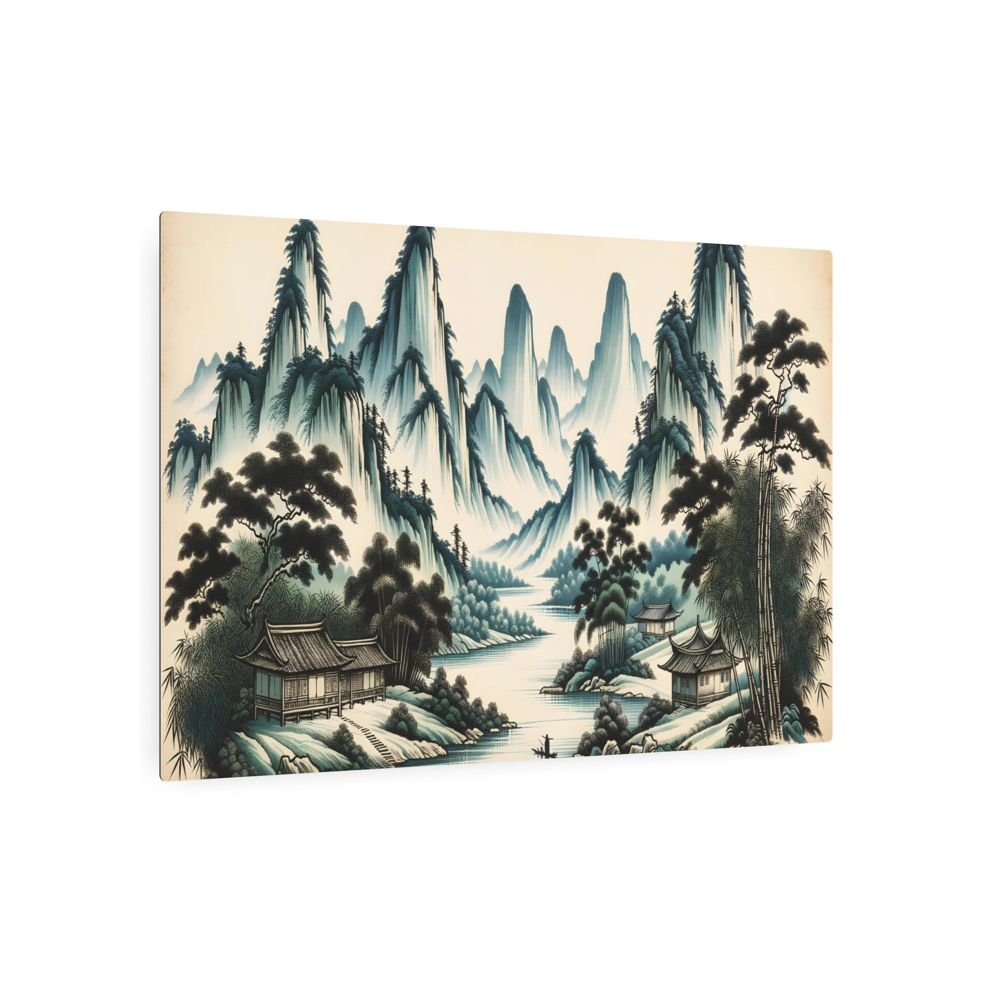 Metal Poster Art | "Traditional Chinese Landscape Artwork with Mountain, River, Tree and Bamboo House Elements - Asian Art Styles Collection" - Metal Poster Art 36″ x 24″ (Horizontal) 0.12''