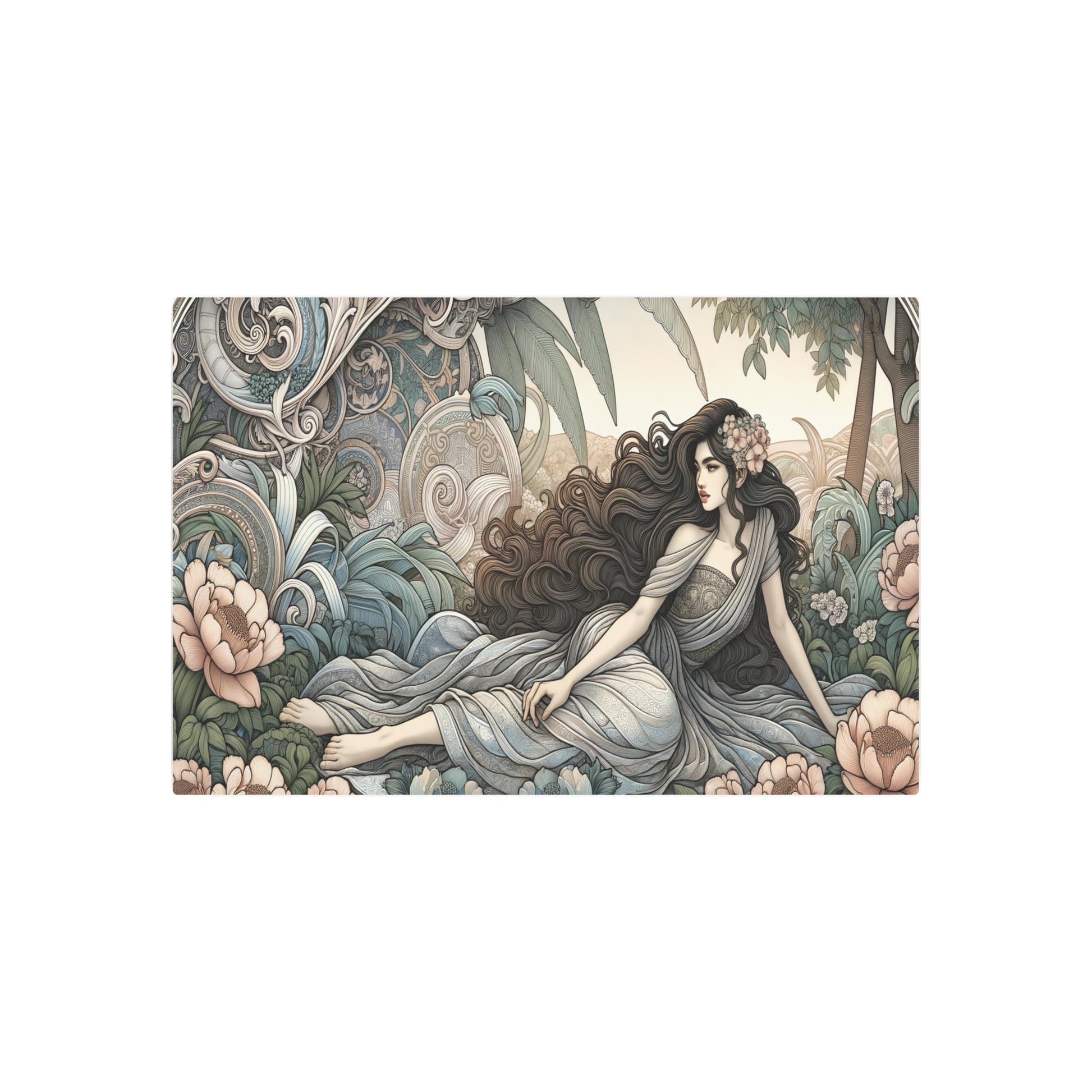 Metal Poster Art | "Art Nouveau Western Art Styles - Elegant Woman in Nature with Detailed Floral Motifs and Flowing Dress" - Metal Poster Art 36″ x 24″ (Horizontal) 0.12''