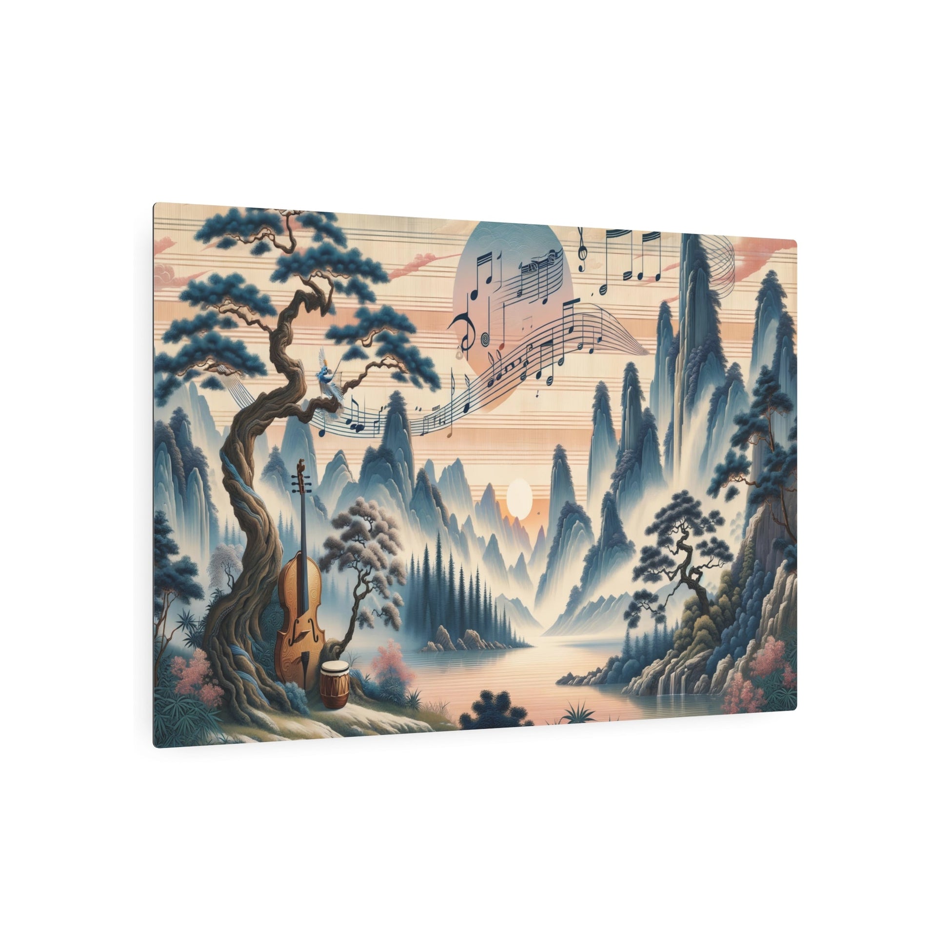 Metal Poster Art | "Symphony of Tranquility: Traditional Chinese Landscape Painting Inspired by Music and Art in Soothing Colors - Asian Art Styles, Chinese Landscape Sub - Metal Poster Art 36″ x 24″ (Horizontal) 0.12''