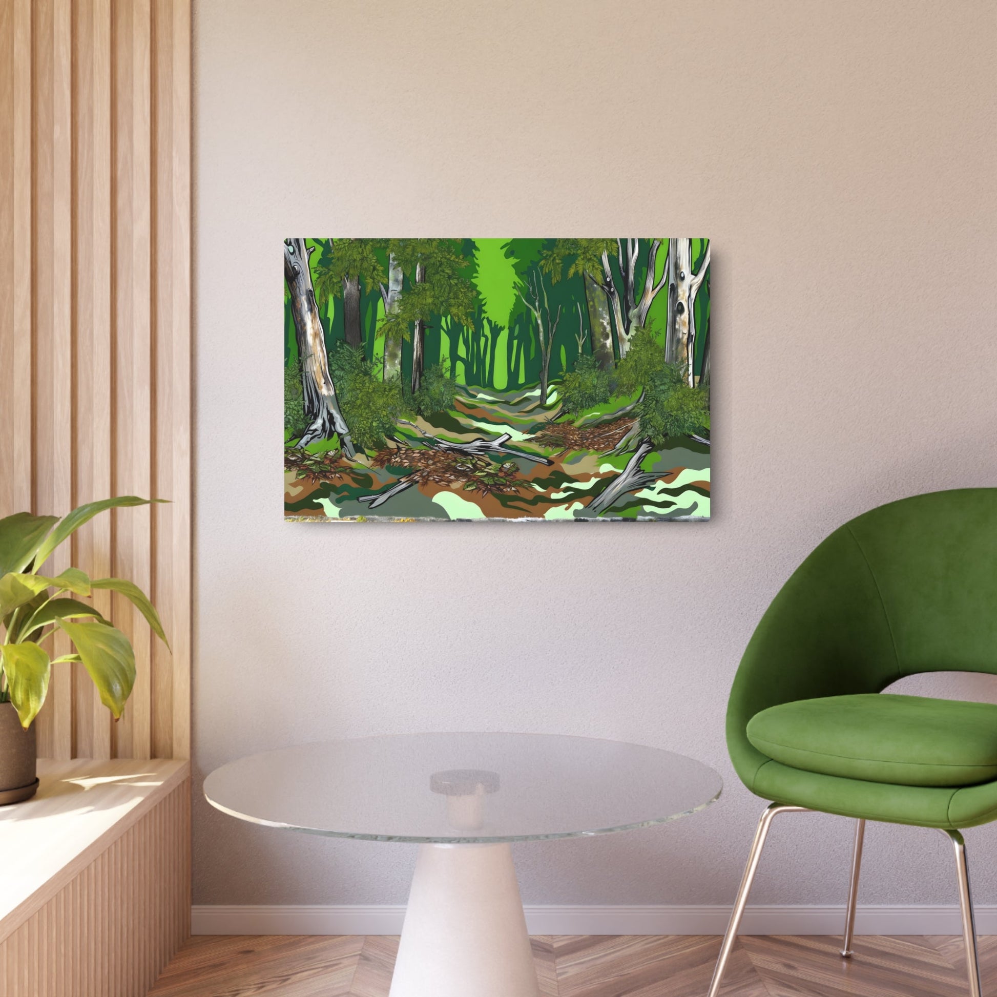 Metal Poster Art | "Vibrant Street Art Style Mural - Modern & Contemporary Forest Scene with Rich Green Hues and Detailed Texture - Immersive Urban Jungle" - Metal Poster Art 36″ x 24″ (Horizontal) 0.12''