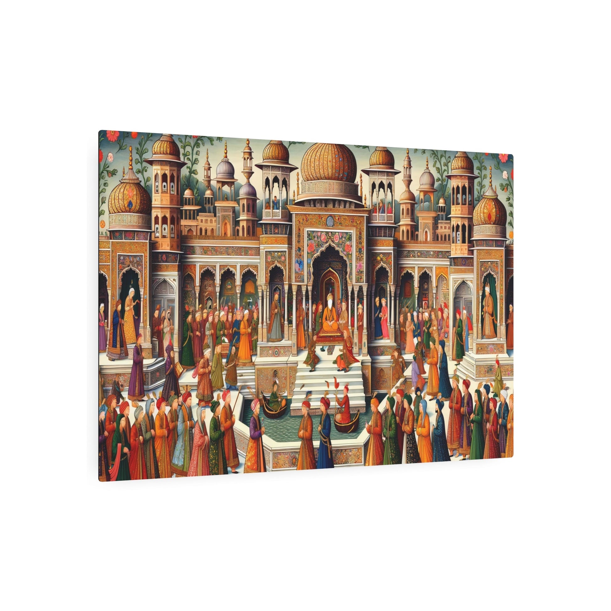 Metal Poster Art | "Historical Mughal Court Life Scene - Vibrant South Asian Mughal Miniature Art with Intricate Designs and Floral Patterns" - Metal Poster Art 36″ x 24″ (Horizontal) 0.12''