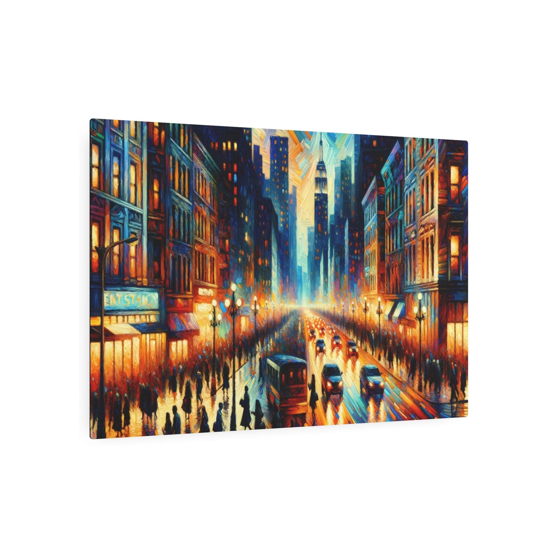 Metal Poster Art | "Expressionistic Western Art Style: Bustling Night City Street Scene - Expressionism Artwork" - Metal Poster Art 36″ x 24″ (Horizontal) 0.12''