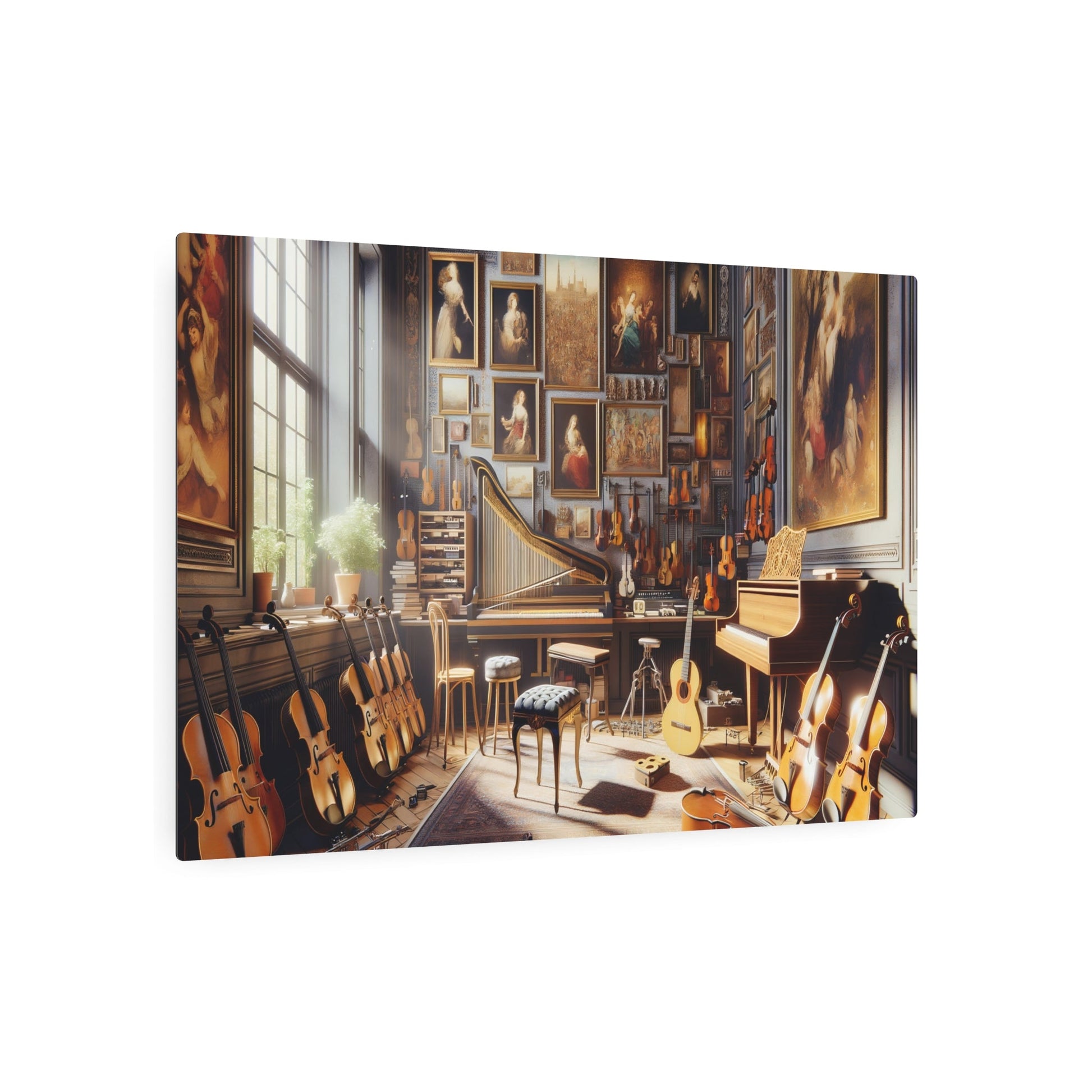 Metal Poster Art | "Realistic Western Art - Music Studio Scene with Grand Piano, Violin, Classical Guitar & Exquisite Artwork - Realism Art in Vibrant - Metal Poster Art 36″ x 24″ (Horizontal) 0.12''