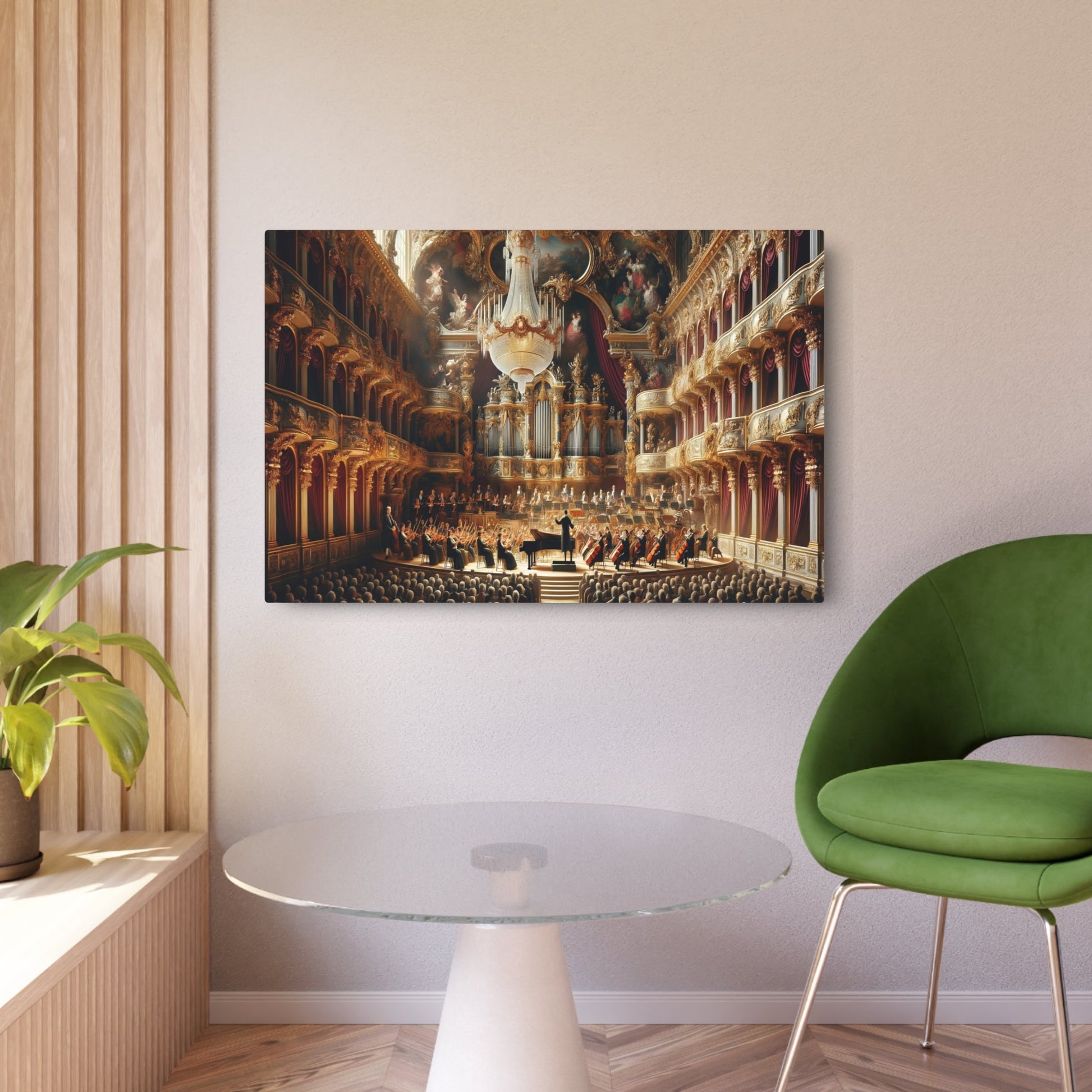 Metal Poster Art | "Baroque Style Concert Hall Scene with Classical Orchestra and Grand Piano - Western Art Styles, Baroque Sub - category" - Metal Poster Art 36″ x 24″ (Horizontal) 0.12''