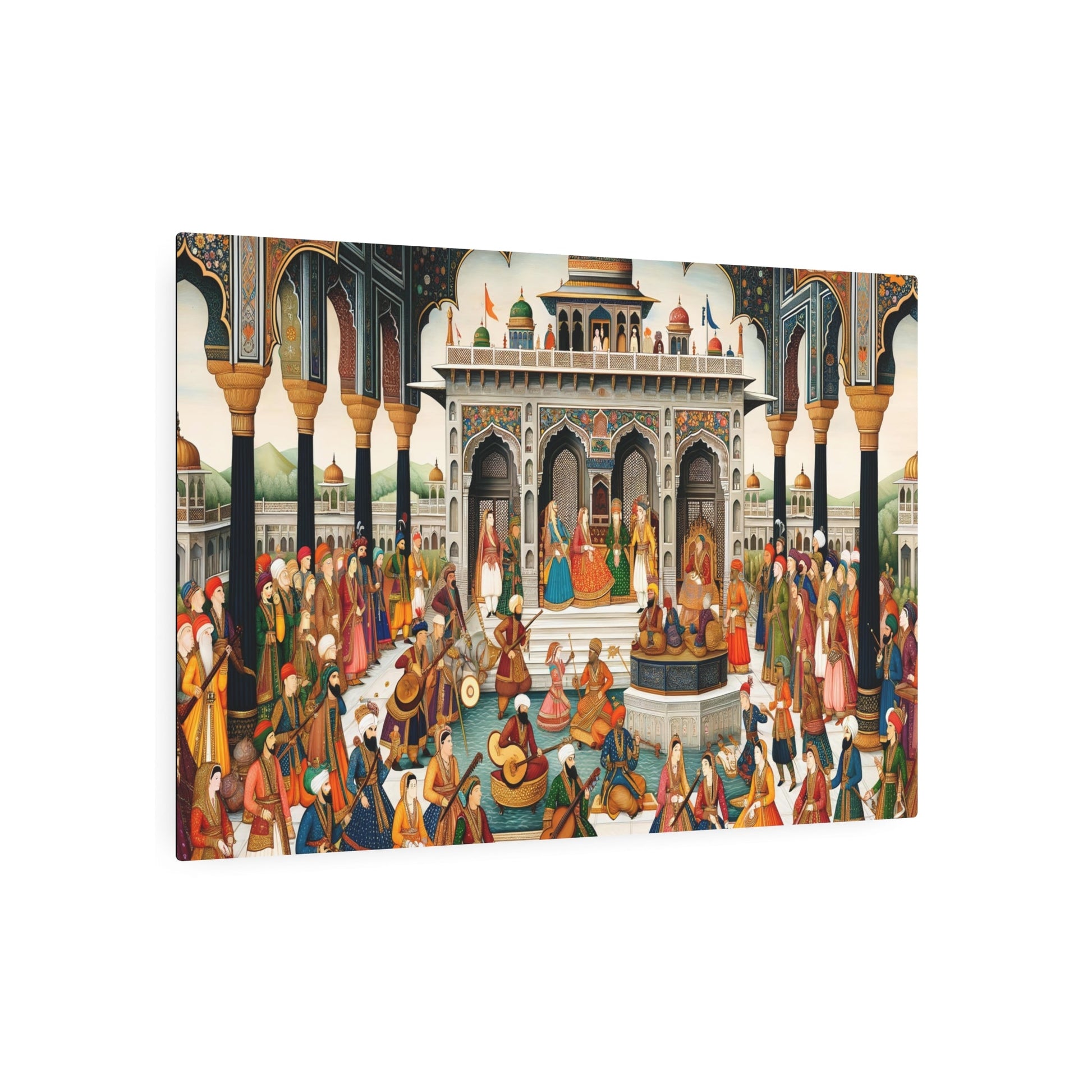 Metal Poster Art | "Mughal Era Royal Court Scene Artwork: Handcrafted South Asian Mughal Miniature Painting Featuring Royalty, Musicians and Dancers in - Metal Poster Art 36″ x 24″ (Horizontal) 0.12''