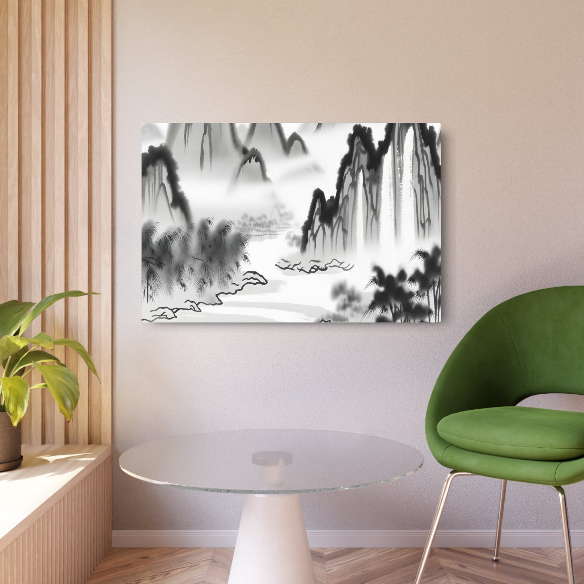 Metal Poster Art | "Traditional Chinese Landscape Artwork Featuring Mountains, Rivers, and Waterfalls - Asian Art Styles Collection" - Metal Poster Art 36″ x 24″ (Horizontal) 0.12''