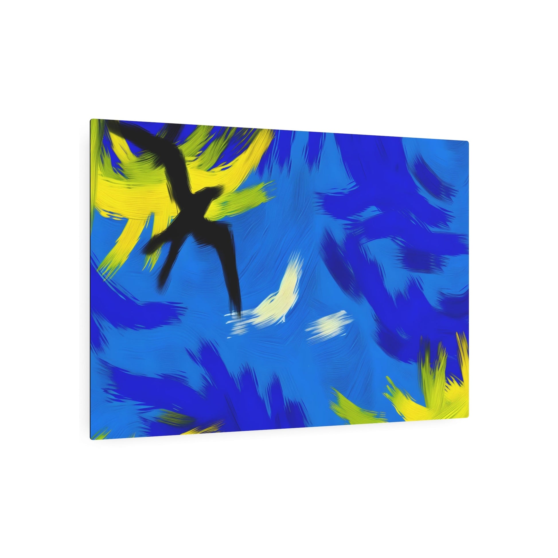 Metal Poster Art | "Abstract Expressionism Art - Modern Contemporary Style Blue and Vibrant Yellow Brush-Stroke Sky with Dynamic Soaring Bird Silhouette" - Metal Poster Art 36″ x 24″ (Horizontal) 0.12''