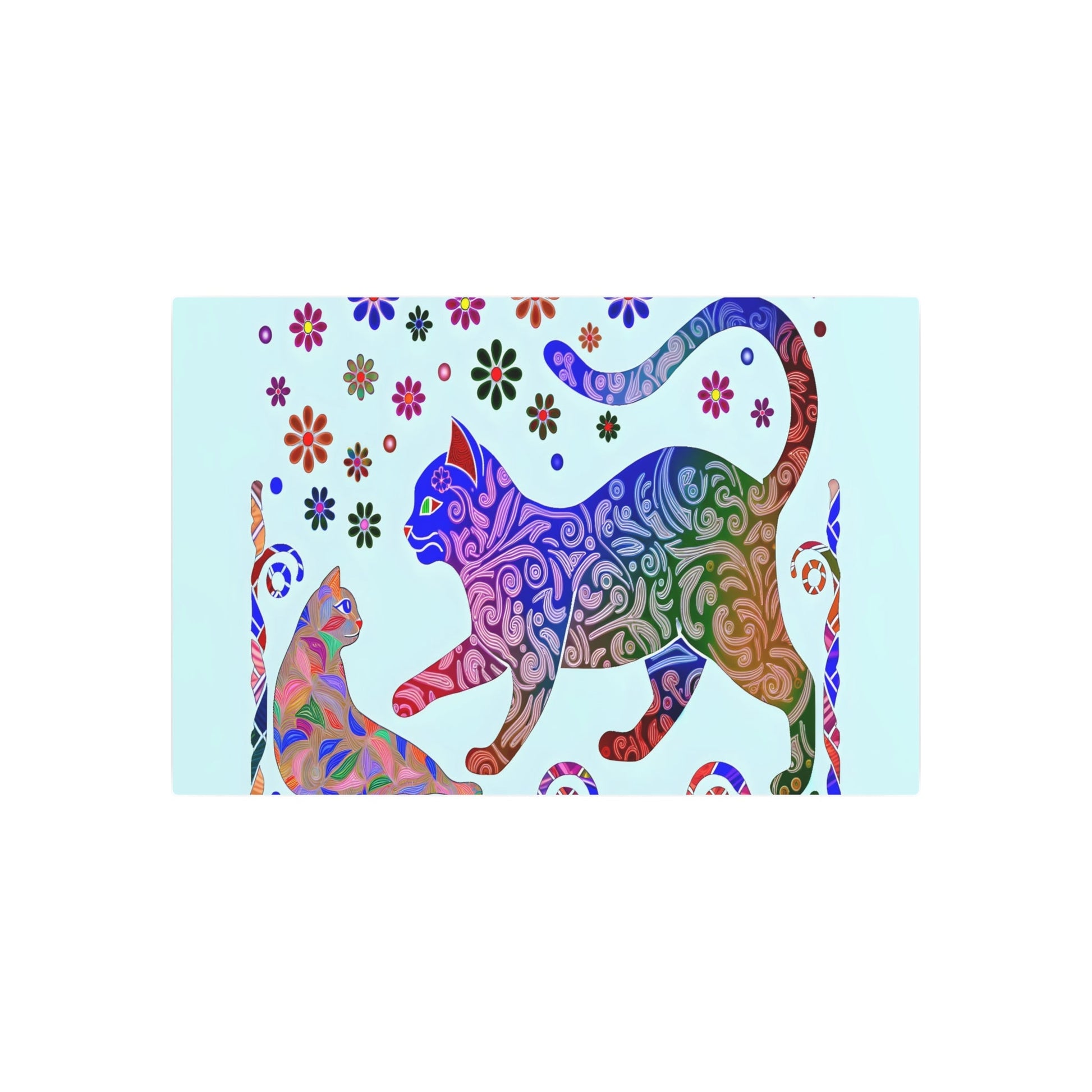 Metal Poster Art | "Indonesian Batik-Style Artwork with Vibrant Colors and Intricate Patterns Featuring Playful Cat - Non-Western & Global Styles Art - Metal Poster Art 36″ x 24″ (Horizontal) 0.12''