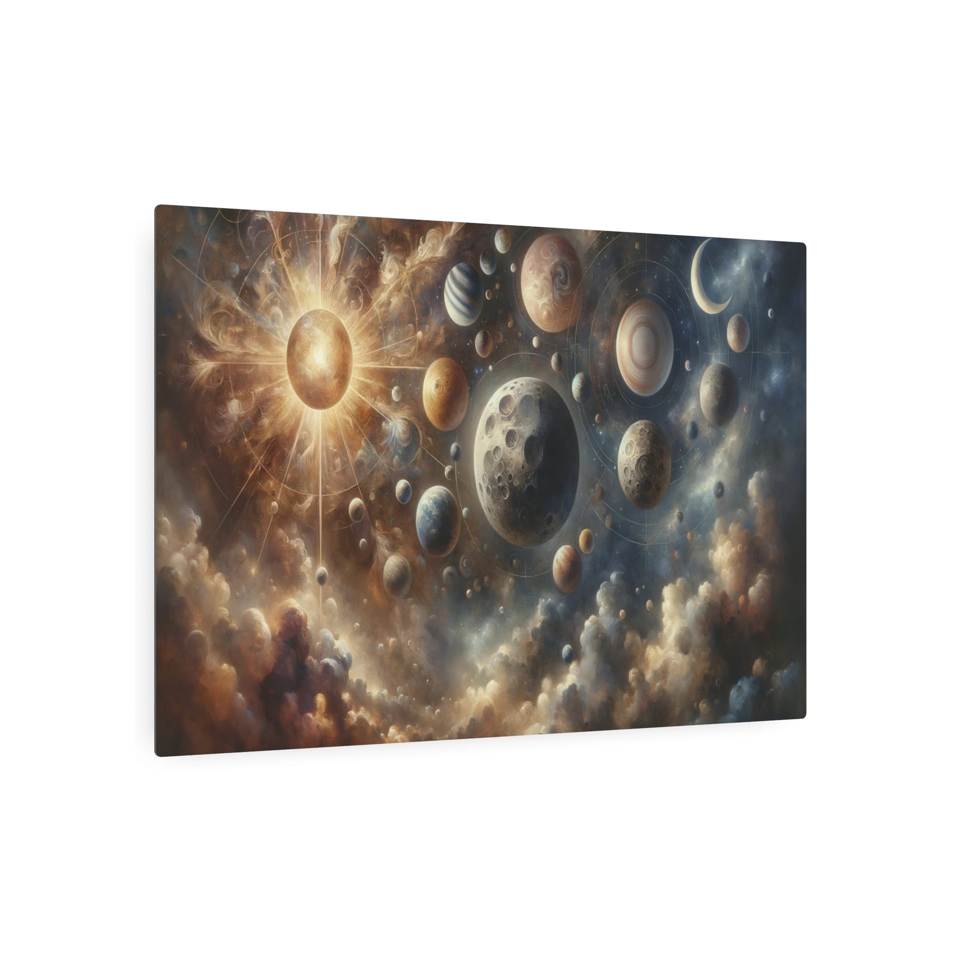 Metal Poster Art | "Renaissance Style Western Artwork - Celestial Bodies Portrayal Featuring Moon, Sun, Stars, and Planets" - Metal Poster Art 36″ x 24″ (Horizontal) 0.12''