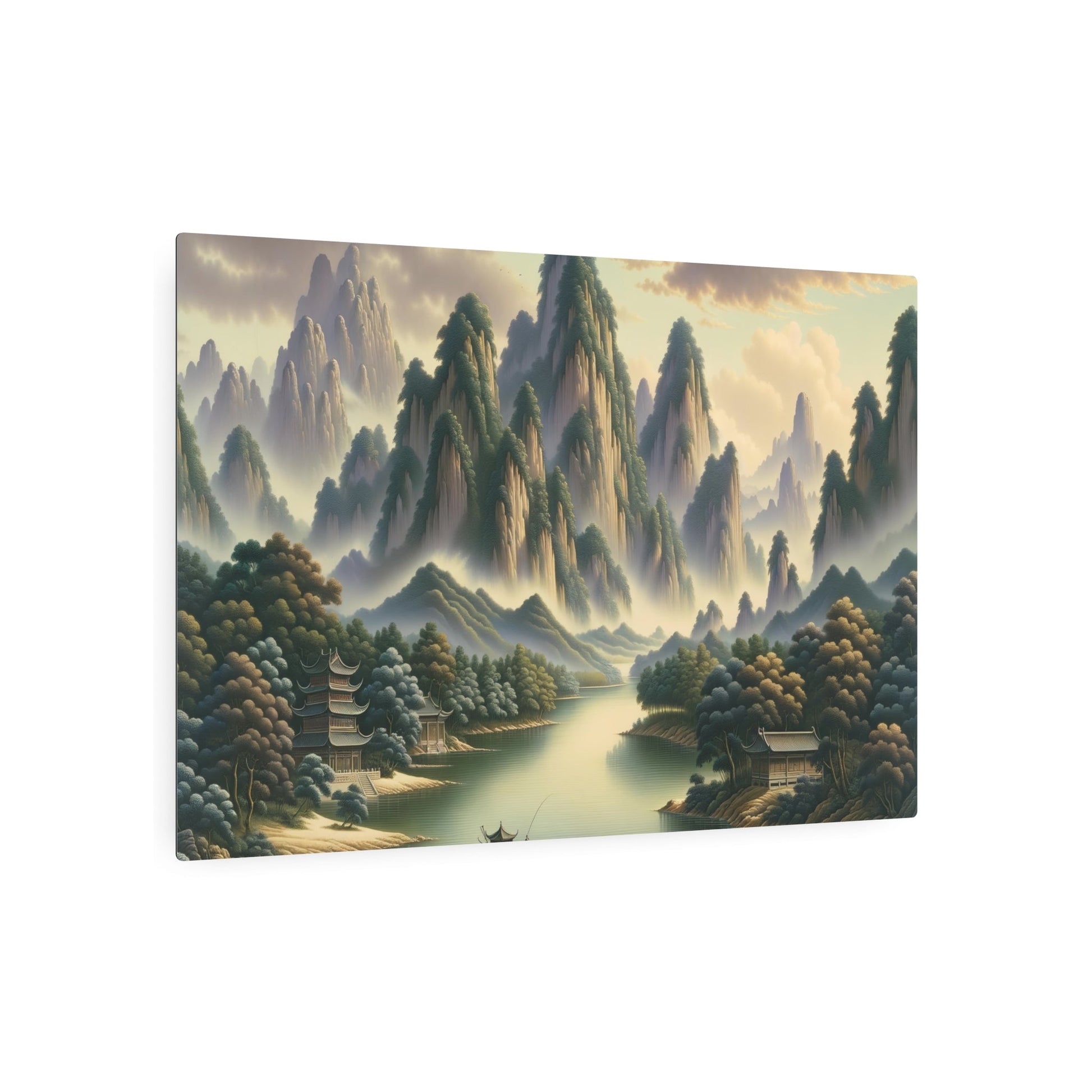 Metal Poster Art | "Traditional Chinese Landscape Art - Asian Art Styles Collection: Majestic Mountains, Serene Rivers, Ancient Temples Painting" - Metal Poster Art 36″ x 24″ (Horizontal) 0.12''