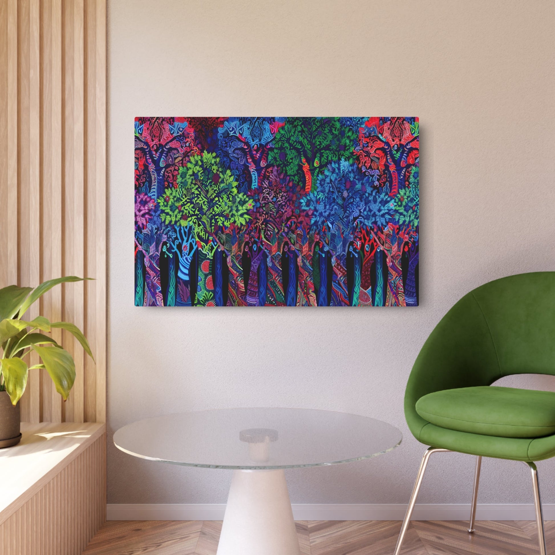 Metal Poster Art | "Indonesian Batik Art: Vibrant and Intricate Forest Scene with Detailed Patterned Trees - Authentic Non-Western Global Style Artwork" - Metal Poster Art 36″ x 24″ (Horizontal) 0.12''