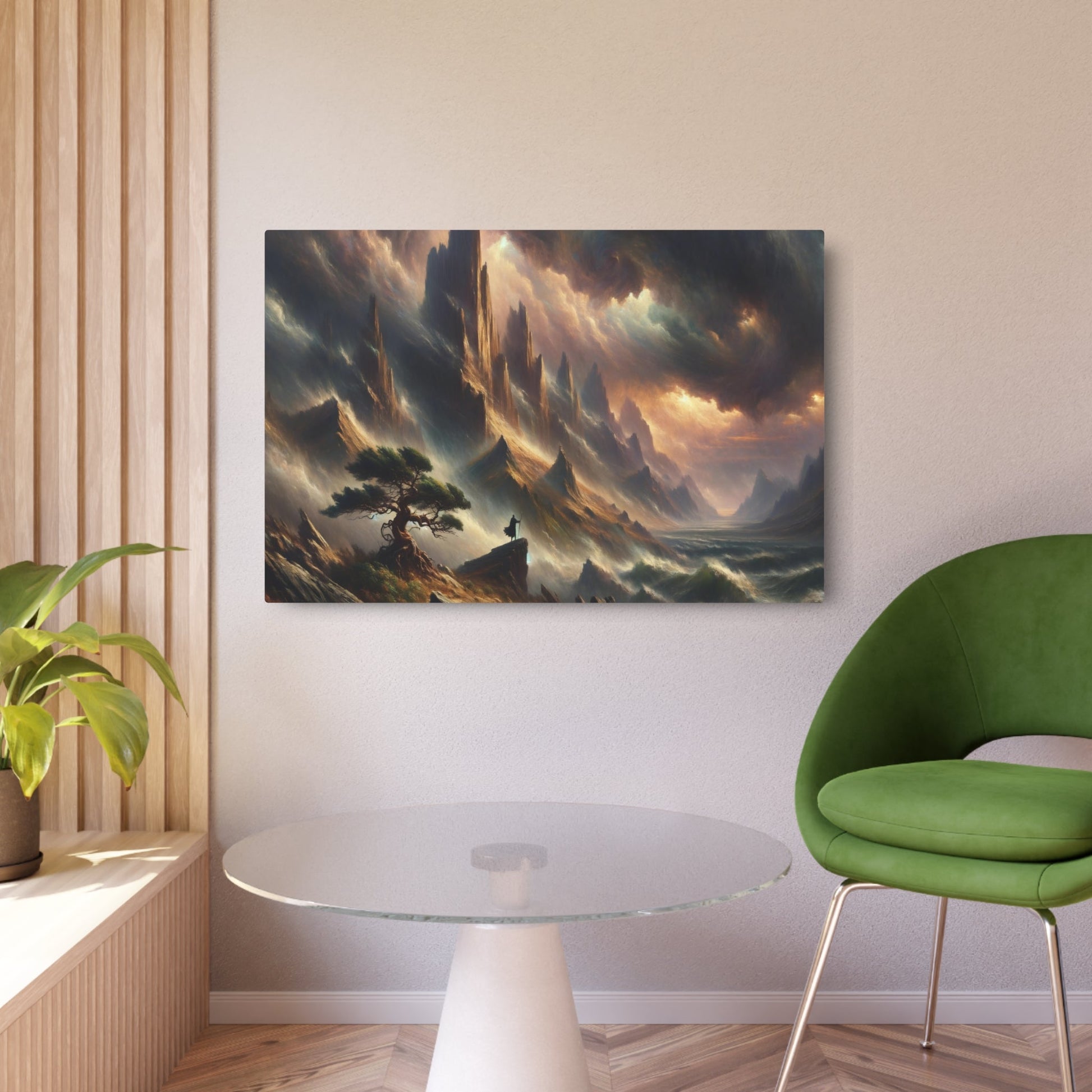 Metal Poster Art | "Romanticism Western Art Style: Dramatic Mountain Landscape with Stormy Sky and Solitary Figure by Tree" - Metal Poster Art 36″ x 24″ (Horizontal) 0.12''