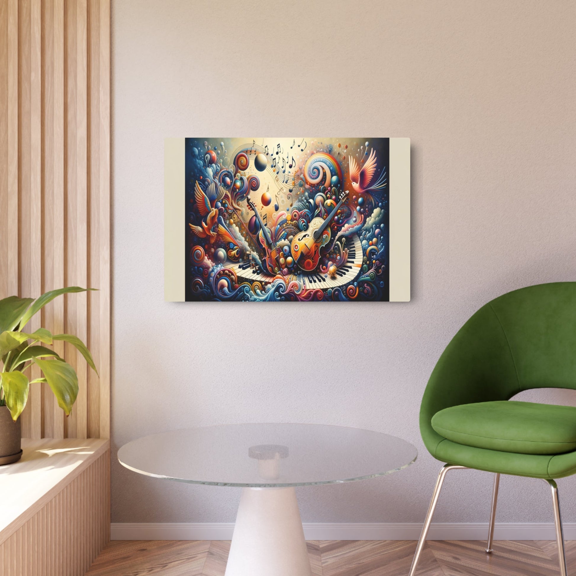 Metal Poster Art | "Harmonious Chaos: Surrealism - Inspired Music & Art Fusion - Modern Contemporary Style Vibrant Painting with Musical Notes, Eccentric Shapes - Metal Poster Art 36″ x 24″ (Horizontal) 0.12''