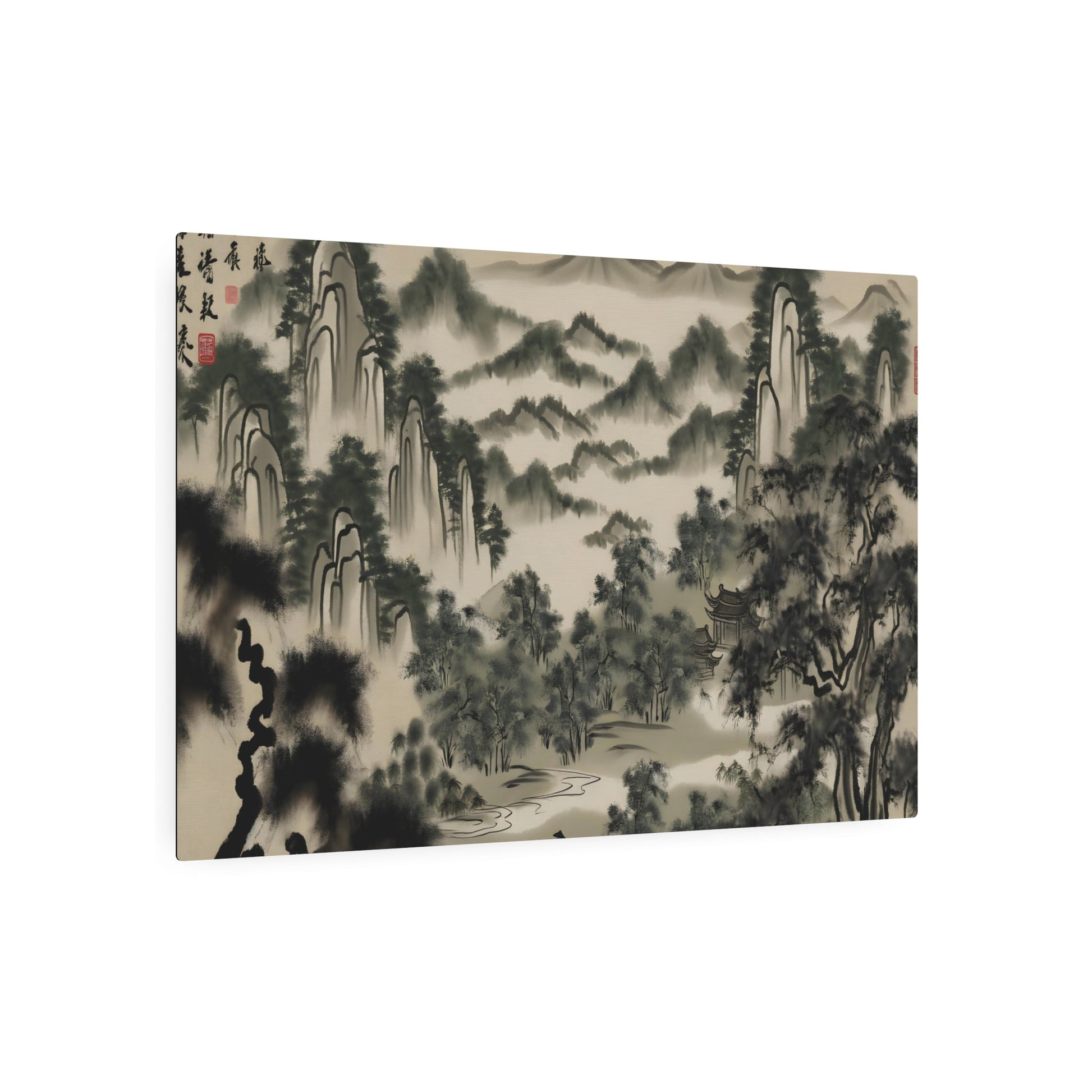 Metal Poster Art | "Traditional Chinese Landscape Art - Enchanting Forests and Lush Trees, Hand-Painted Ink Wash in Asian Art Styles, Sub-category: Chinese - Metal Poster Art 36″ x 24″ (Horizontal) 0.12''