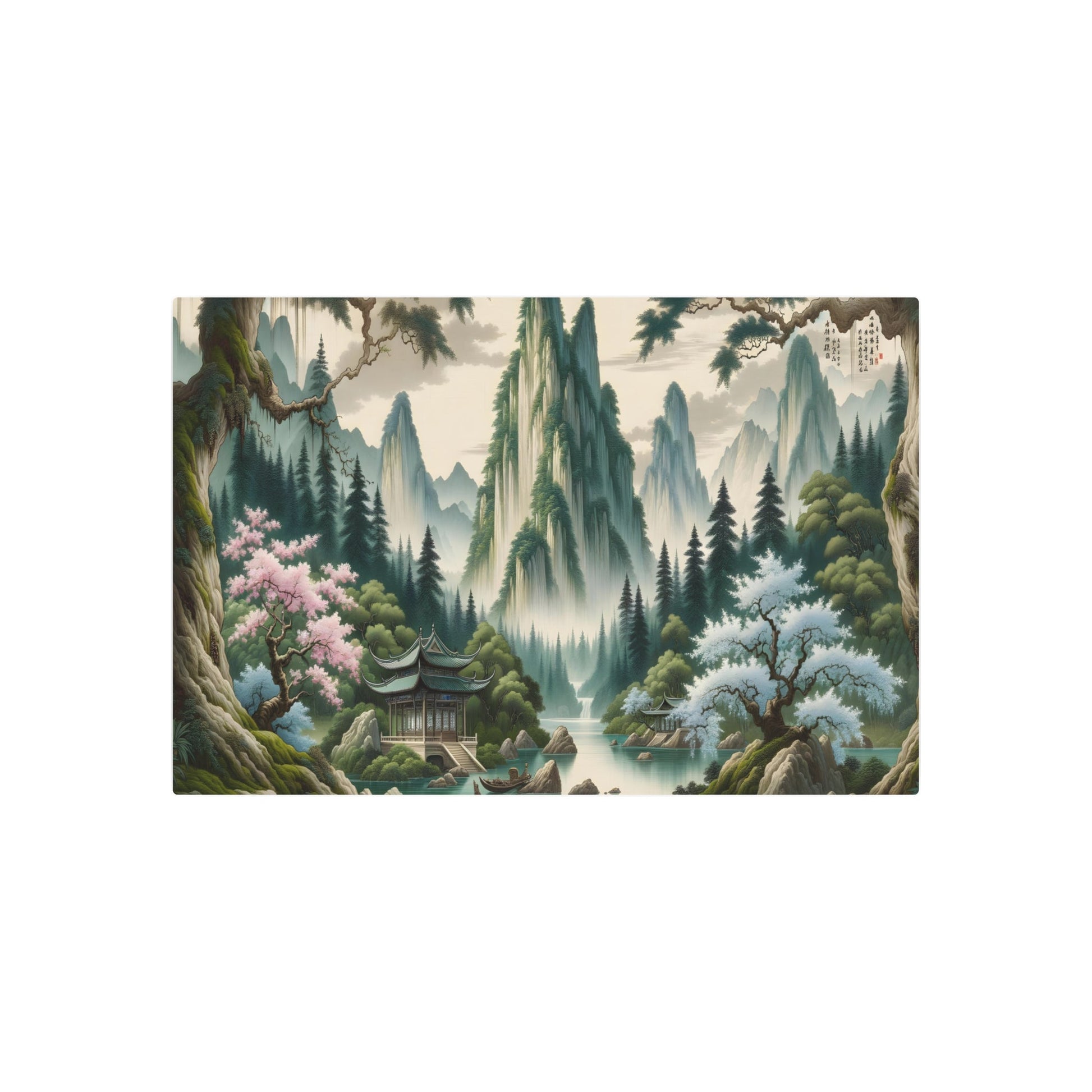 Metal Poster Art | "Traditional Chinese Silk Painting Art - Ethereal Mountains, Serene Waters, Cherry Blossoms and Ancient Pavilion in Lush Greenery - Asian Art Styles - Metal Poster Art 36″ x 24″ (Horizontal) 0.12''