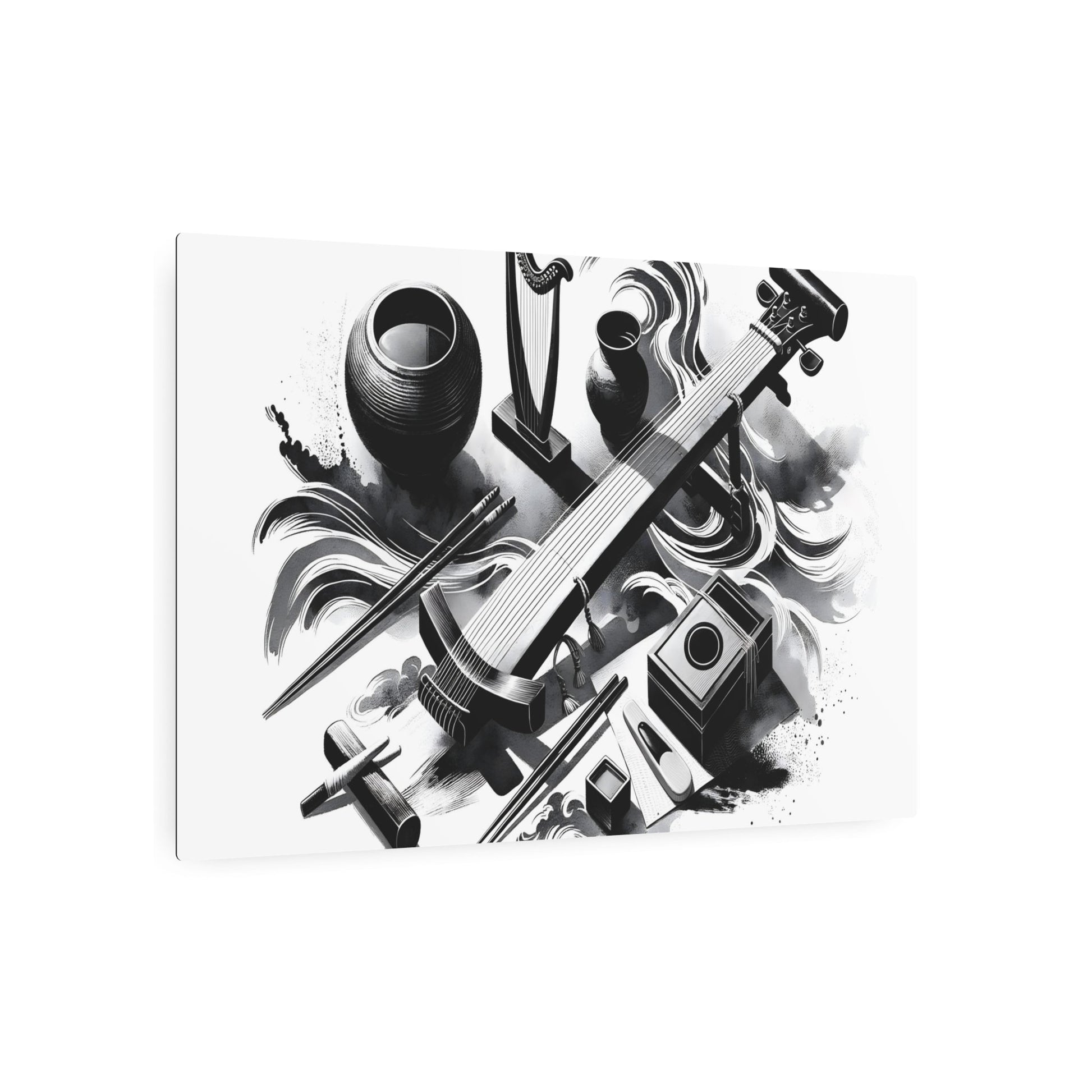 Metal Poster Art | "Sumi - e Asian Art Styles: Japanese Ink Wash Painting of Music & Art featuring Traditional Instruments Shamisen, Koto, Shakuhachi and Call - Metal Poster Art 36″ x 24″ (Horizontal) 0.12''