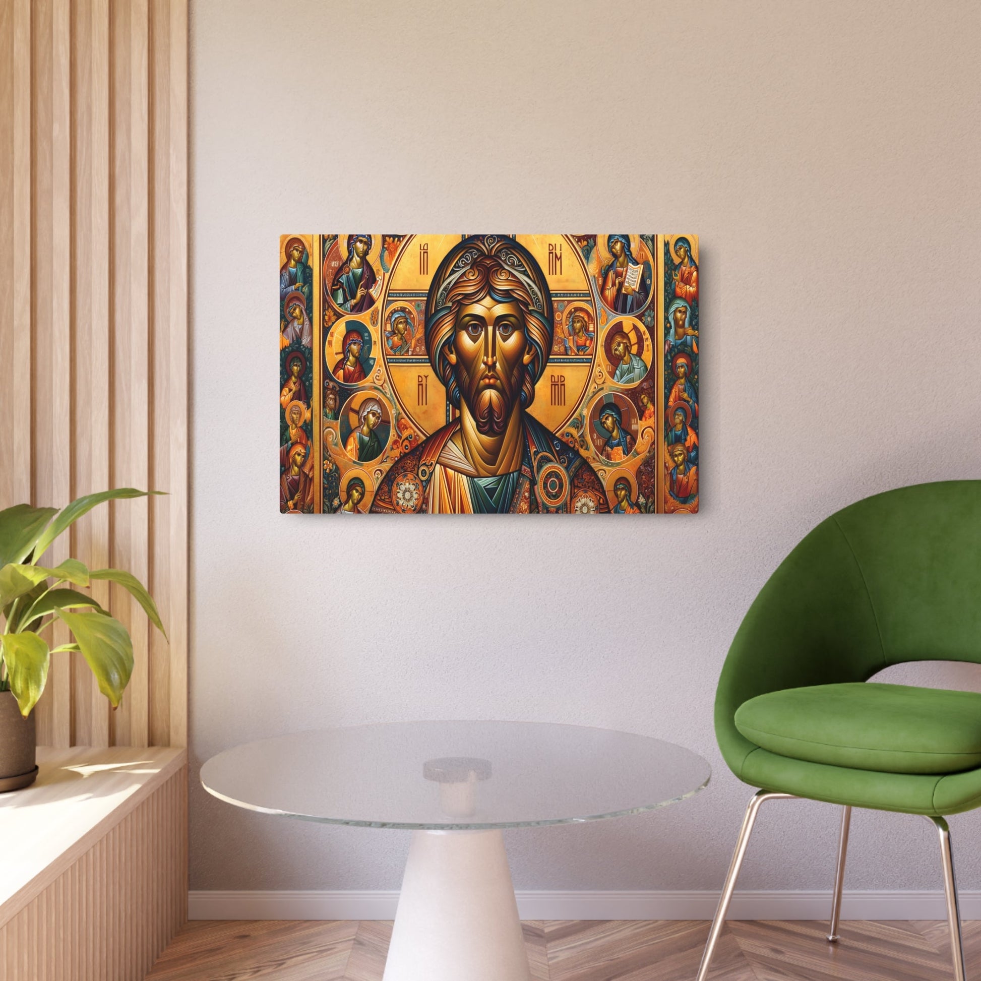 Metal Poster Art | "Richly Colored Byzantine Art Style Image: Flat Stylized Figures with Long Noses, Large Eyes in Vibrant Gold - Non - West - Metal Poster Art 36″ x 24″ (Horizontal) 0.12''