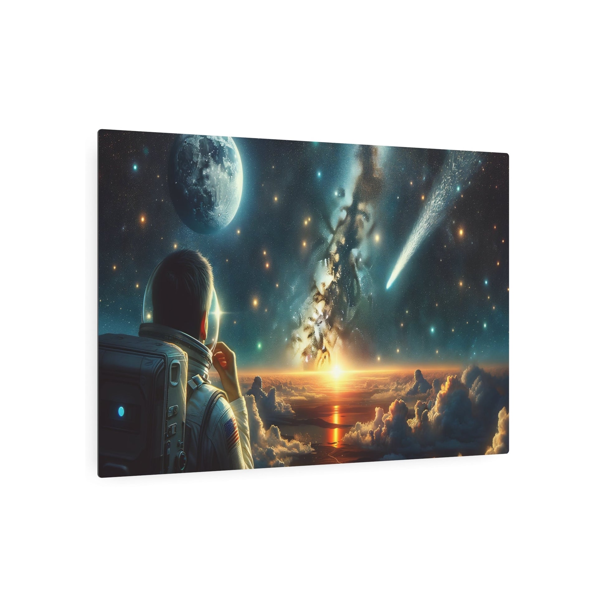 Metal Poster Art | "Realism Western Art Style - Astronaut Under Starry Night Sky with Full Moon and Milky Way - Realistic Canvas Painting of Cosmic Scene" - Metal Poster Art 36″ x 24″ (Horizontal) 0.12''