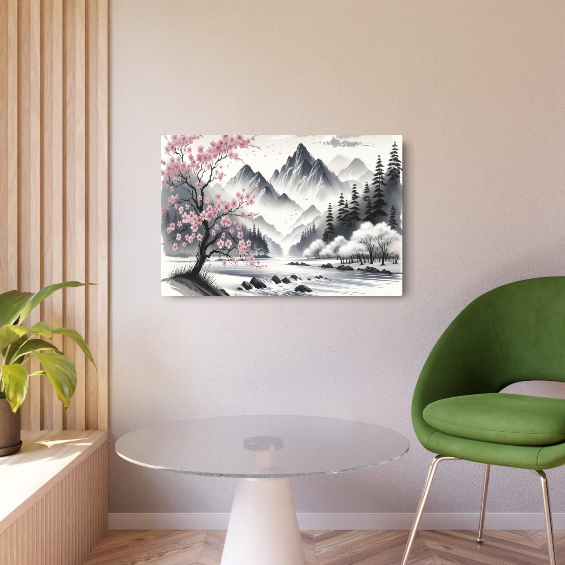 Metal Poster Art | "Japanese Sumi - e Ink Wash Painting - Tranquil Landscape with Mountains, Flowing River and Cherry Blossom Trees - Asian Art Styles Collection" - Metal Poster Art 36″ x 24″ (Horizontal) 0.12''