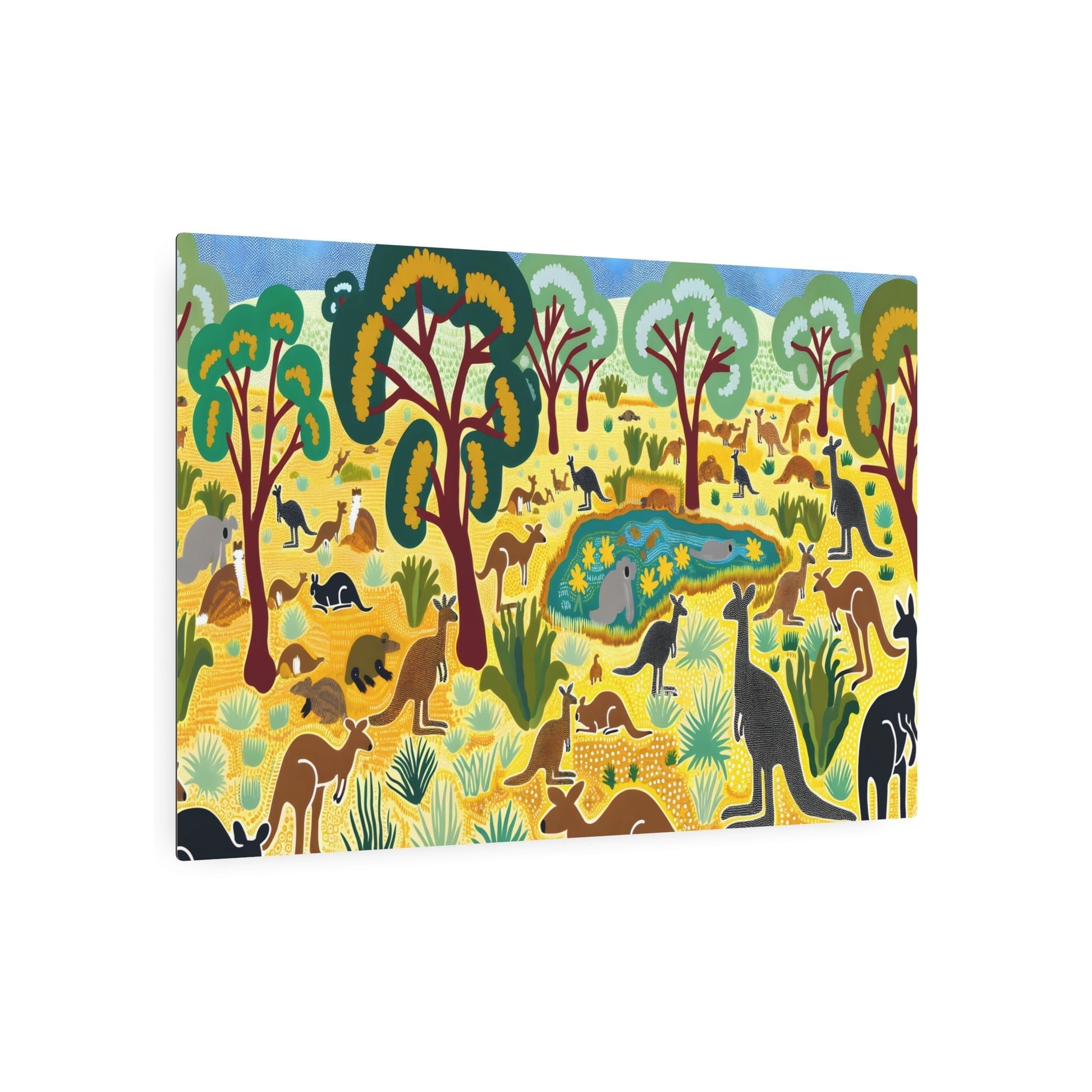 Metal Poster Art | "Australian Aboriginal Art - Dotted Landscape featuring Iconic Australian Fauna and Flora - Non-Western Global Styles" - Metal Poster Art 36″ x 24″ (Horizontal) 0.12''