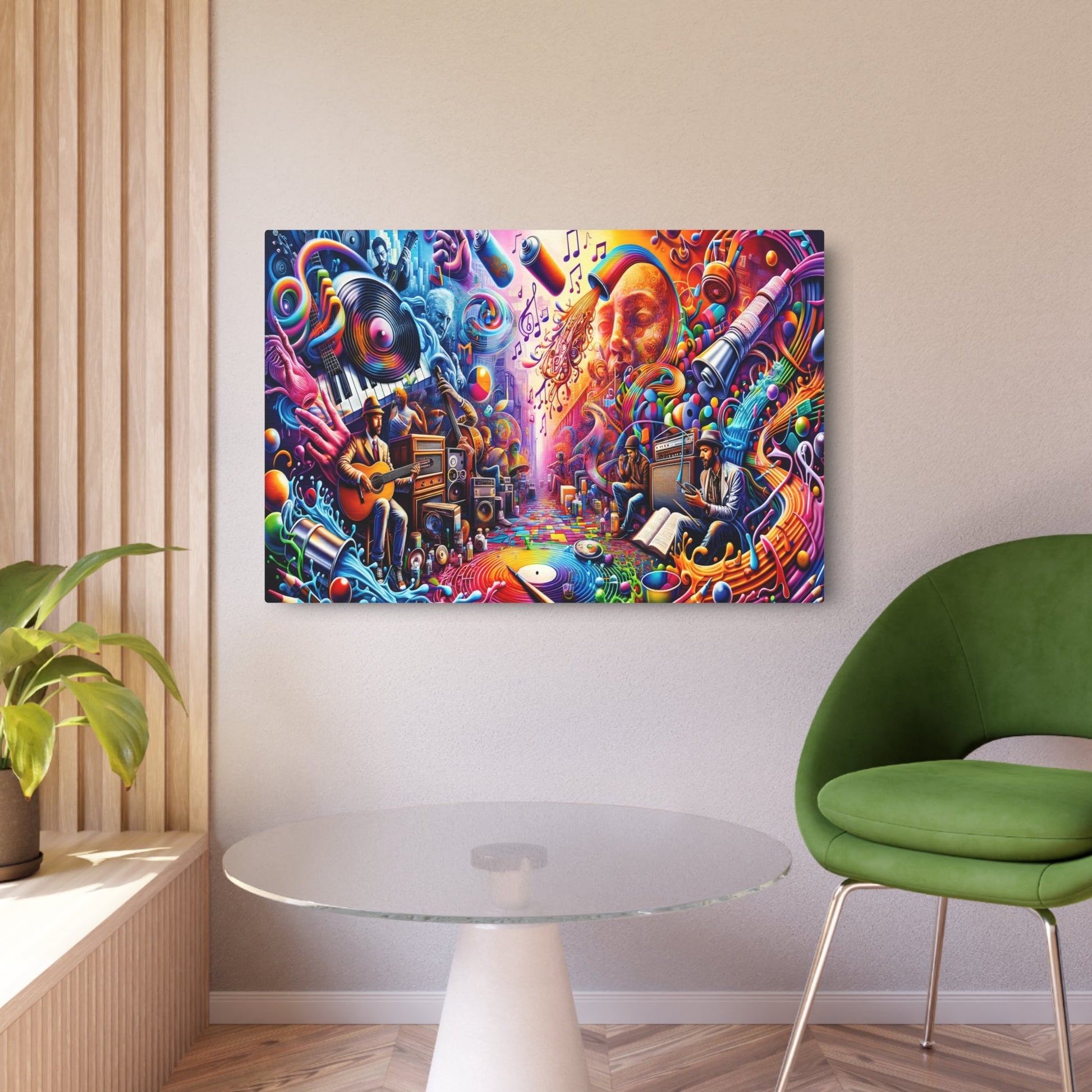 Metal Poster Art | "Modern and Contemporary Street Art - Vibrant City Murals Inspired by Music and Artists, with Graffiti Depicting Icons in Bold, Electric H - Metal Poster Art 36″ x 24″ (Horizontal) 0.12''