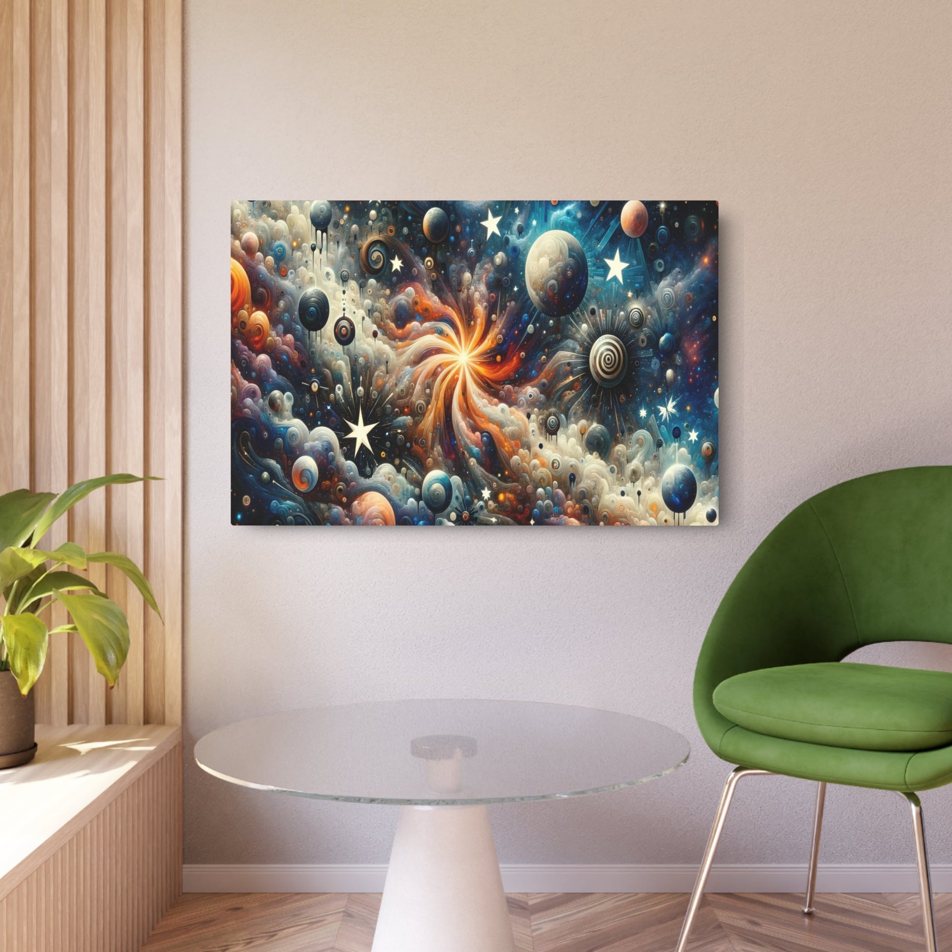 Metal Poster Art | "Modern Surrealistic Celestial Body Artwork - Dreamlike Juxtaposition of Stars, Galaxies, Planets & Comets in Contemporary Surre - Metal Poster Art 36″ x 24″ (Horizontal) 0.12''