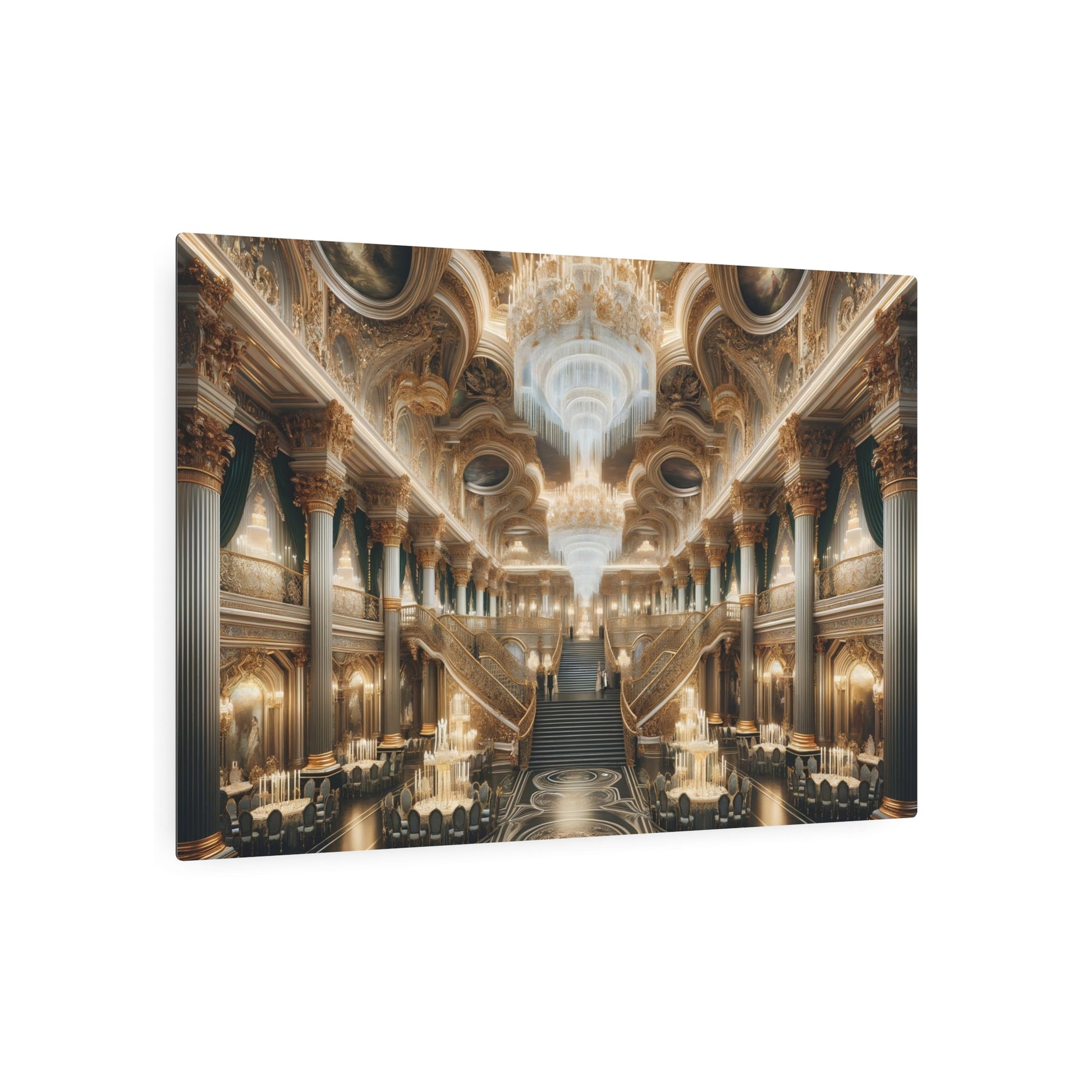 Metal Poster Art | "Baroque Art: Grand Palace Banquet Hall with Gilded Details, Chandeliers and Grand Staircase in Western Art Styles Collection" - Metal Poster Art 36″ x 24″ (Horizontal) 0.12''