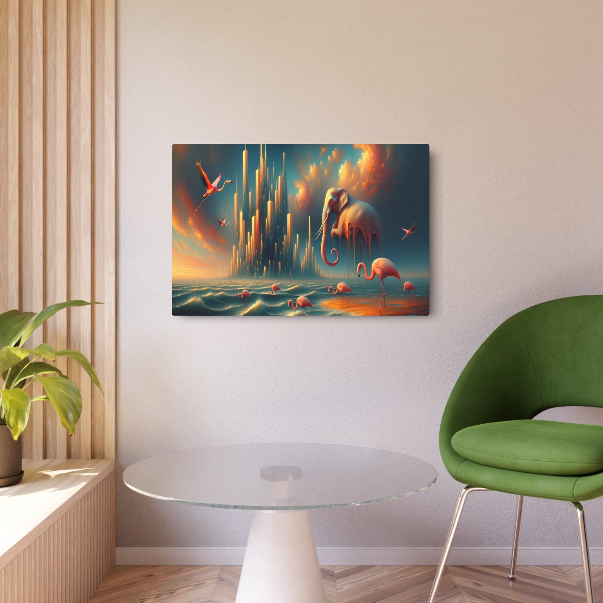 Metal Poster Art | "Salvador Dali Inspired Surrealism Art - Melting Skyscrapers & Flamboyant Elephants in Dreamlike Dusk, - Metal Poster Art 36″ x 24″ (Horizontal) 0.12''