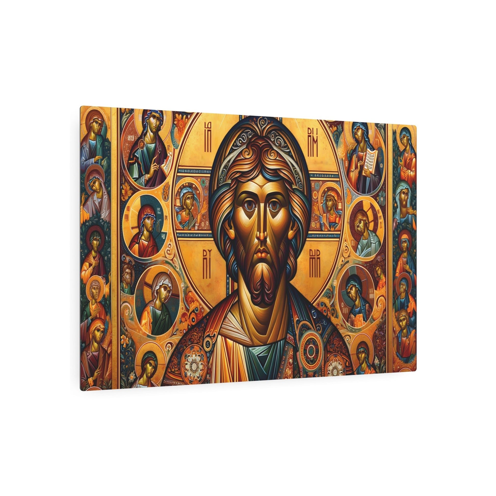 Metal Poster Art | "Richly Colored Byzantine Art Style Image: Flat Stylized Figures with Long Noses, Large Eyes in Vibrant Gold - Non - West - Metal Poster Art 36″ x 24″ (Horizontal) 0.12''