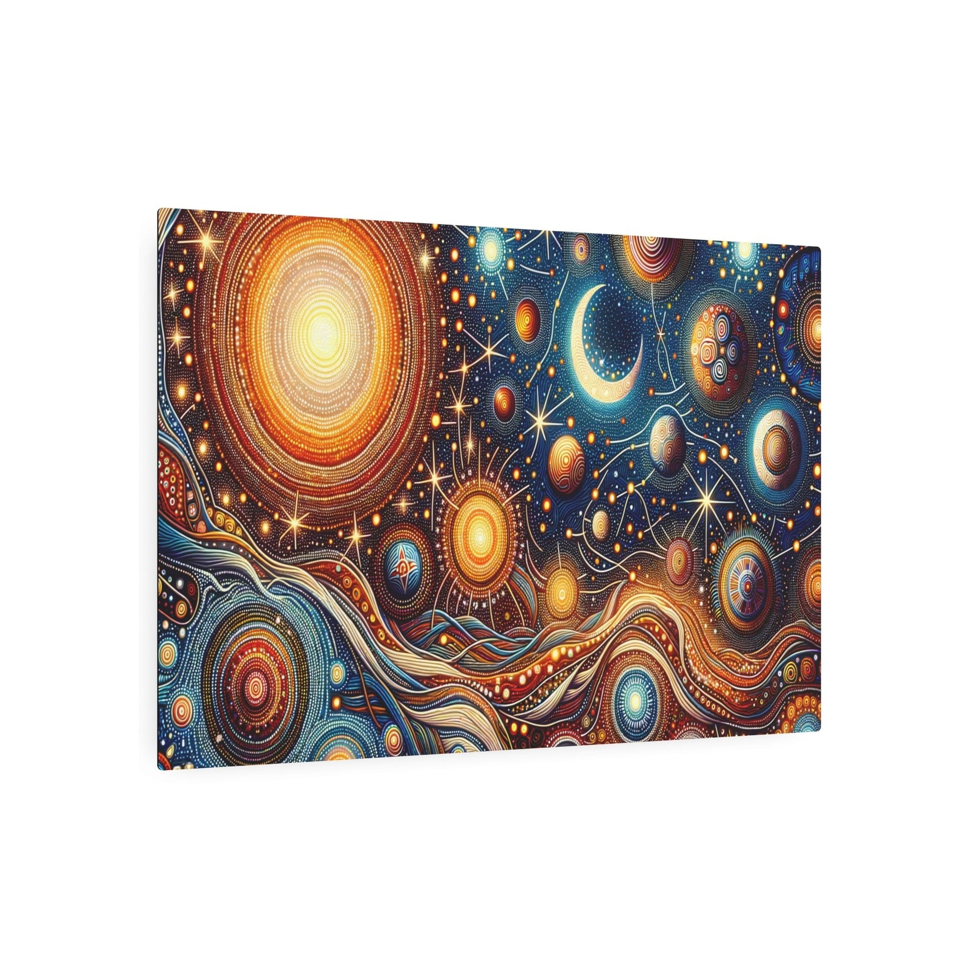 Metal Poster Art | "Australian Aboriginal Art - Celestial Theme with Traditional Patterns and Warm Hues in Non - Western & Global Styles" - Metal Poster Art 36″ x 24″ (Horizontal) 0.12''