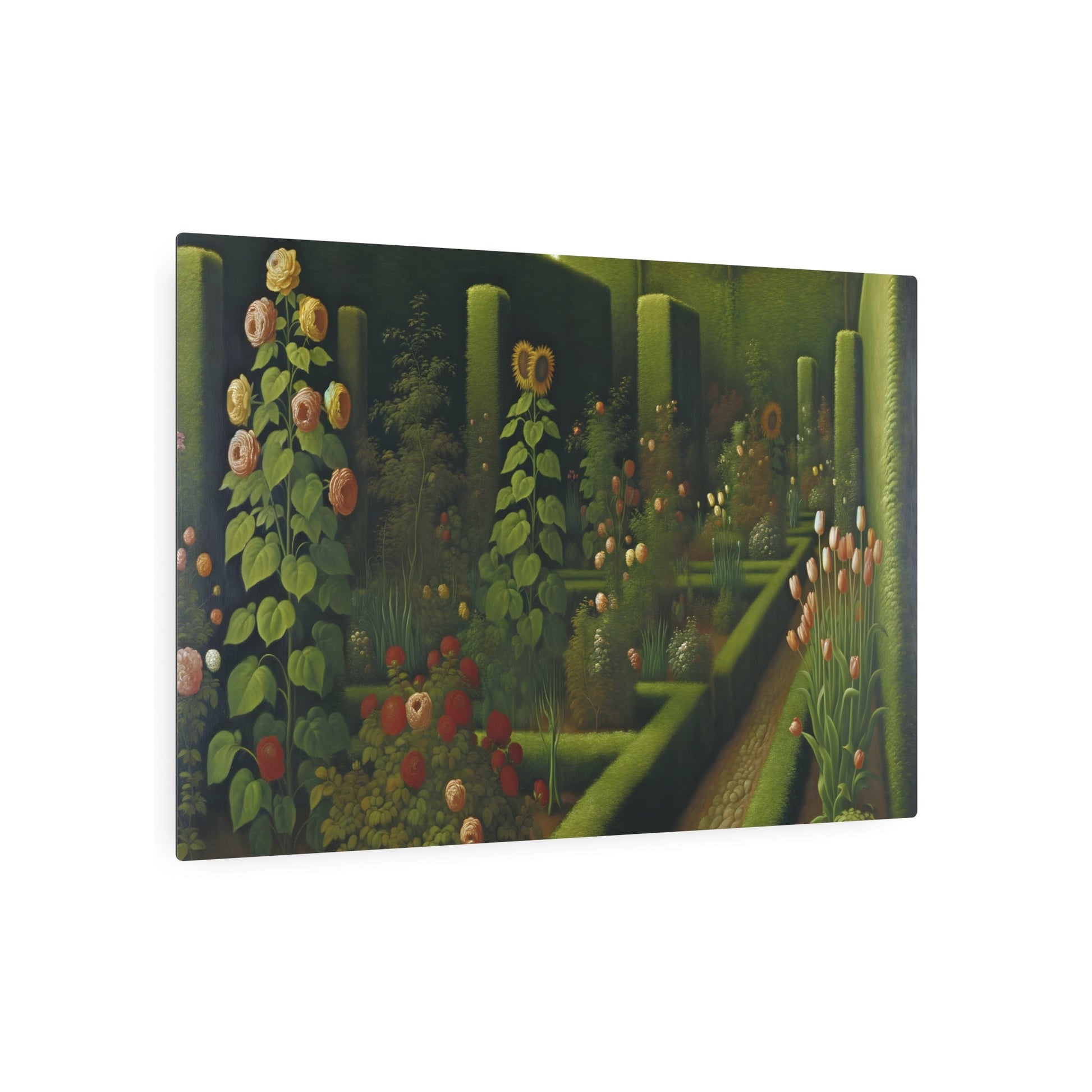 Metal Poster Art | "Renaissance Western Art Style: Stunning Garden Scene with Sunflowers, Roses, and Tulips - Fine Art Painting Replica" - Metal Poster Art 36″ x 24″ (Horizontal) 0.12''